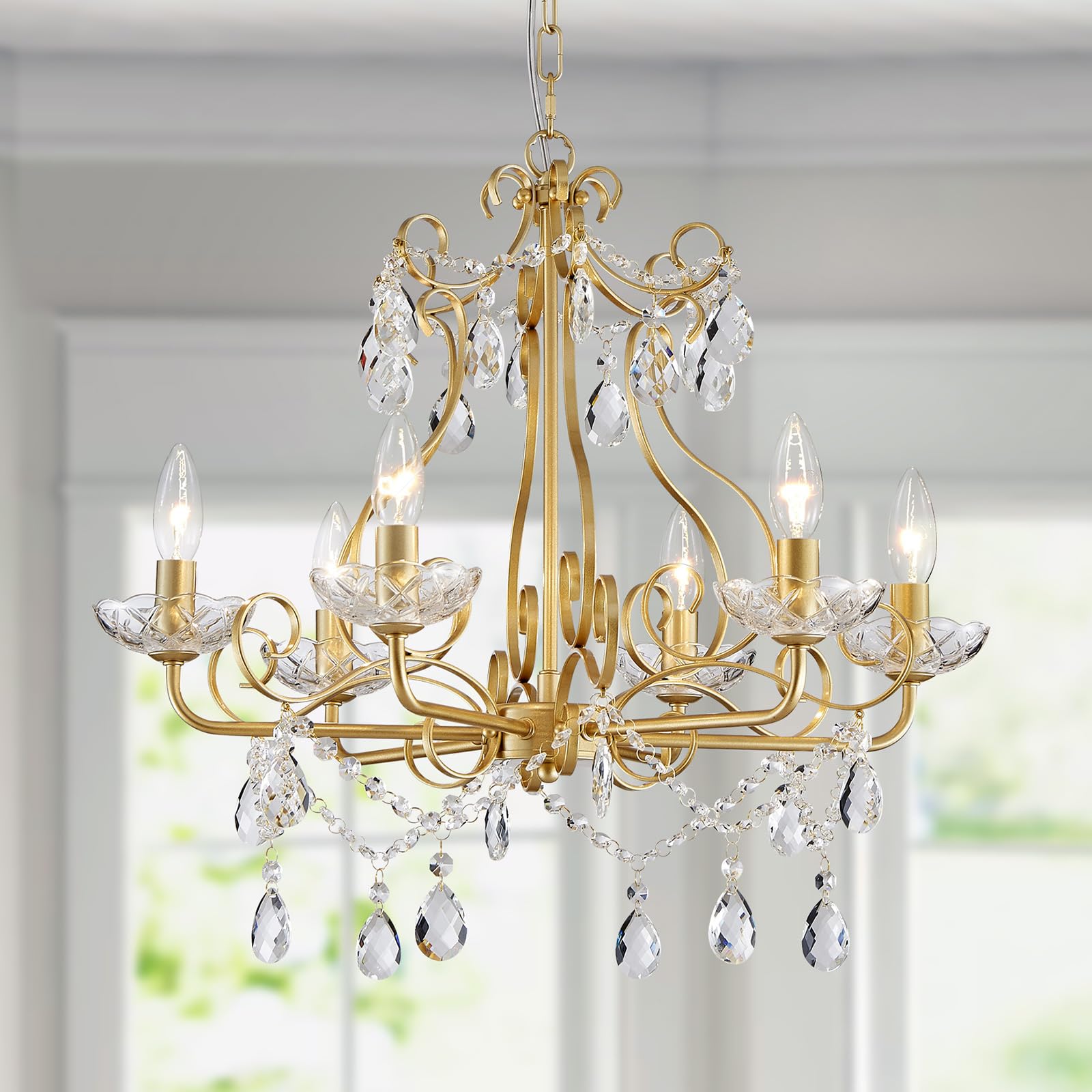 WUZUPS Crystal 5-Light Candle Chandelier Pendant Flushmount Ceiling Light Modern Lighting Fixture for Bedroom Hallway Bar Kitchen Bathroom, H 20.9" x W 21.7", Brushed Nickel, E12 Base