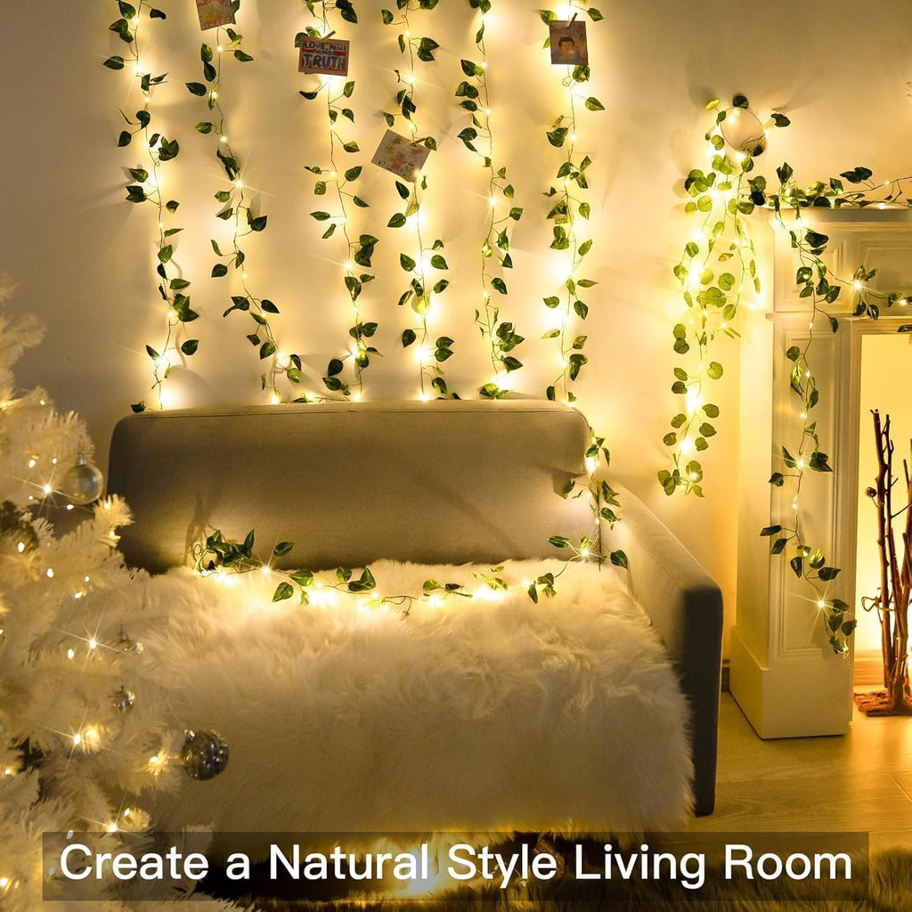 4 Pack Vines with Fairy Lights 40ft 120 LED Pothos String Lights USB Plugin & Battery Operated Leaf Lights with Timer 8 Modes Remote Decorative Light for Bedroom Wedding Party - Warm White