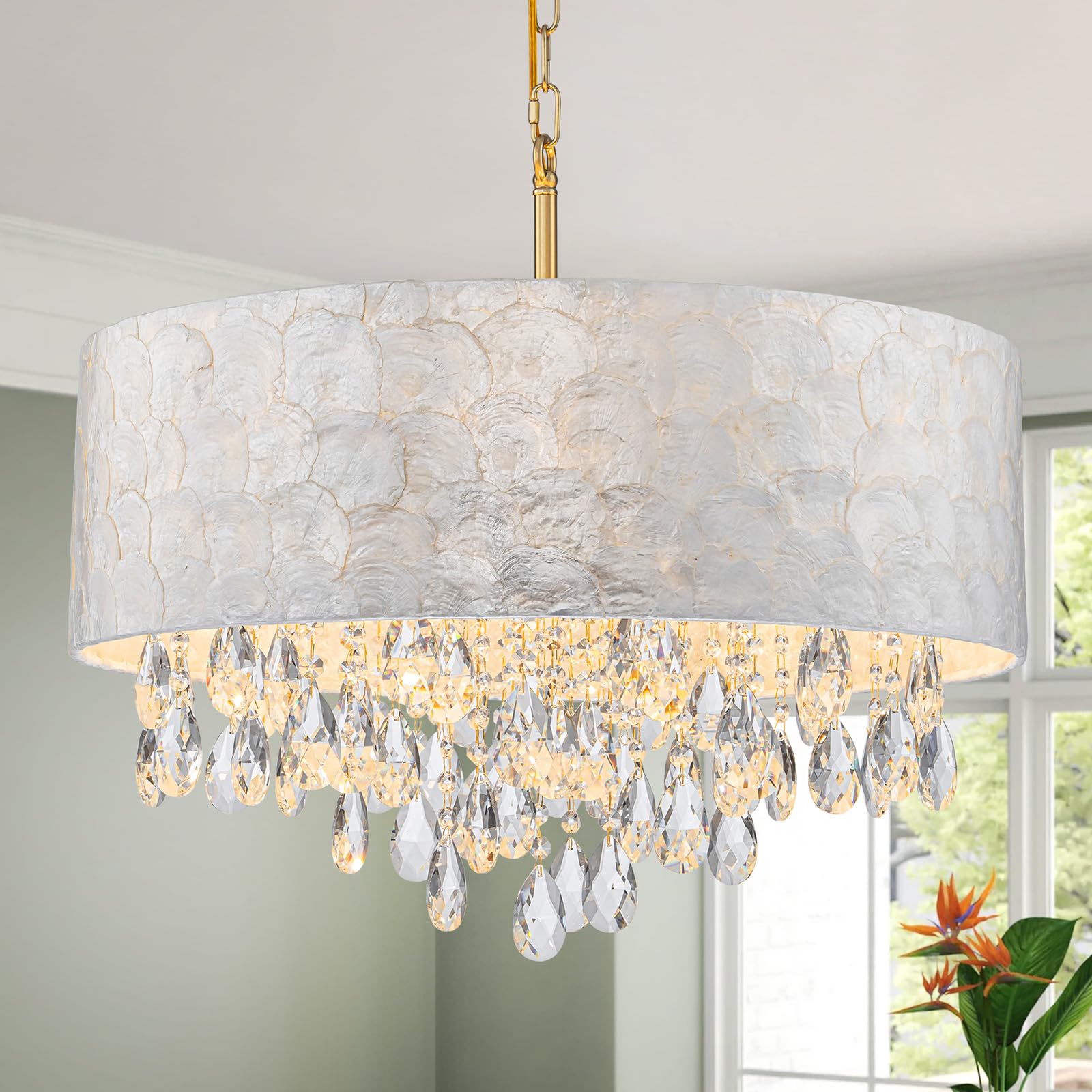 LumFurn X-Large 6-Light Drum Capiz Shell Crystal Chandeliers, Coastal Style Pendant Light Fixture for Dining Room, Living Room, D24 x H23~71 inch(Adjustable), Shell Lampshade & Chrome Finish