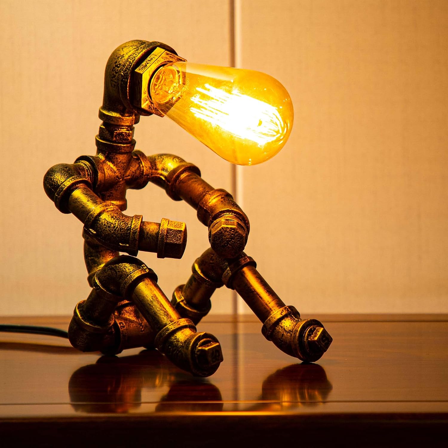Steampunk Table Lamp, Vintage Industrial Metal Robot Table lamp, Water Pipe Table Lamp, Robot Style Desktop Light for Bedside Desk Bar Cafe Desktop Room Decoration