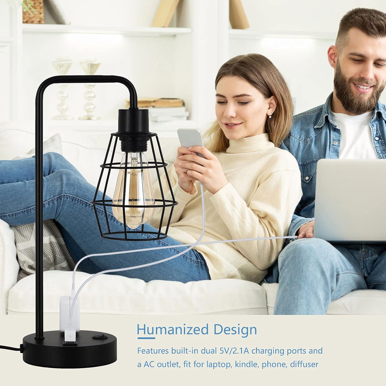 Set of 2 Industrial Cage Table Lamps with USB & AC Outlet, USB Edison Bedside Lamps
