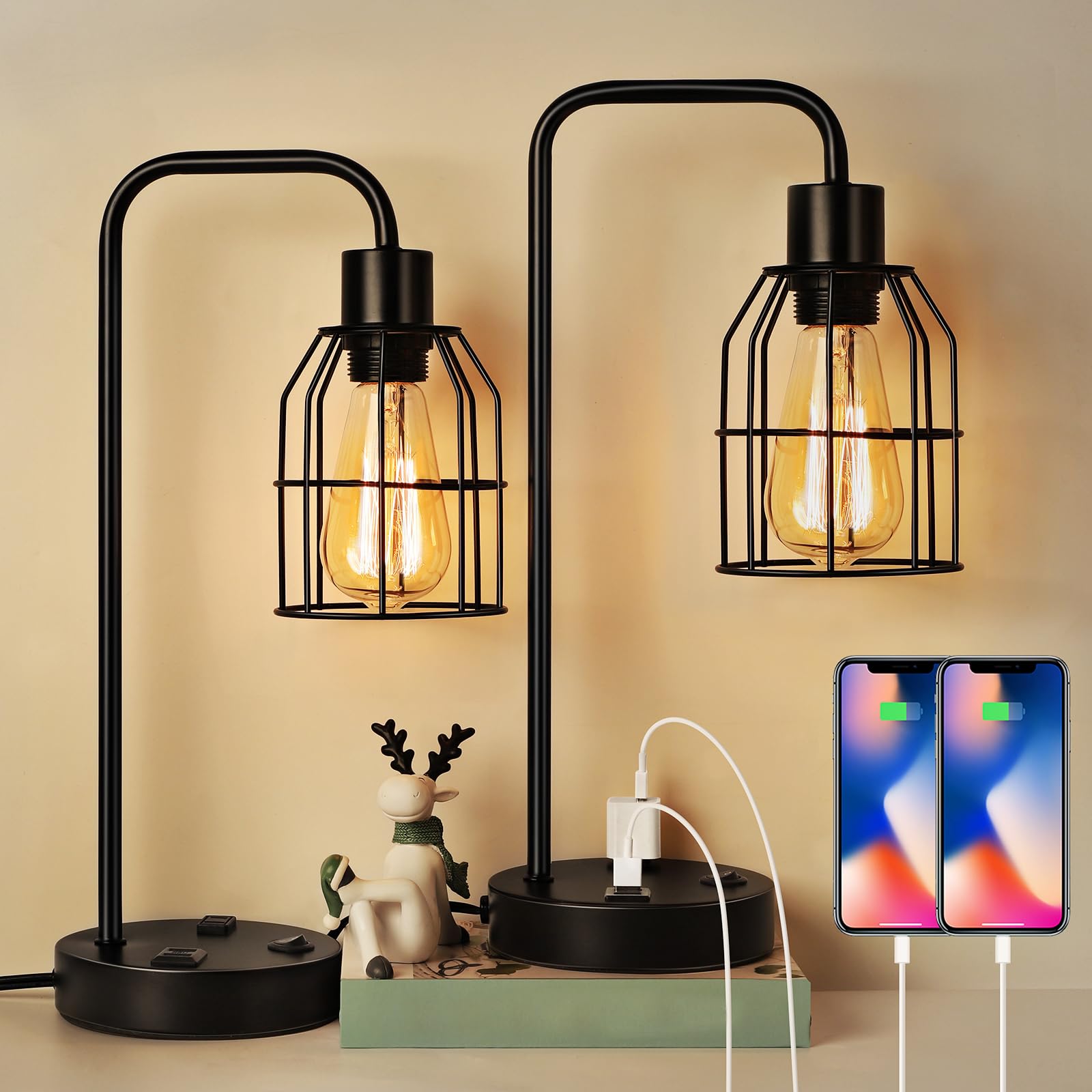 Set of 2 Industrial Cage Table Lamps with USB & AC Outlet, USB Edison Bedside Lamps