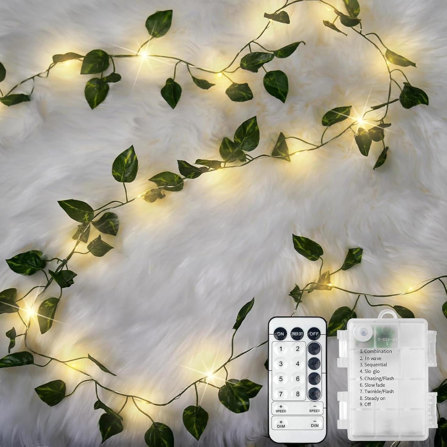 4 Pack Vines with Fairy Lights 40ft 120 LED Pothos String Lights USB Plugin & Battery Operated Leaf Lights with Timer 8 Modes Remote Decorative Light for Bedroom Wedding Party - Warm White