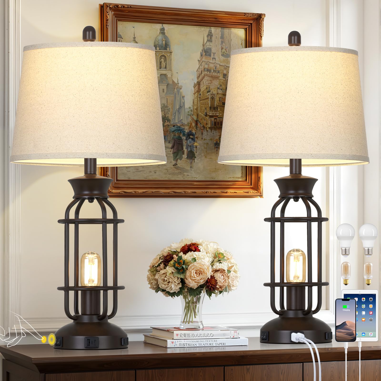 28" Vintage Table Lamps for Living Room, Industrial Farmhouse Table Lamp with USB C+A Ports & Outlet, Rustic Nightstand Bedside Lamps with 2 Night Light for Bedroom End Tables Bronze, 4 Bulbs Included
