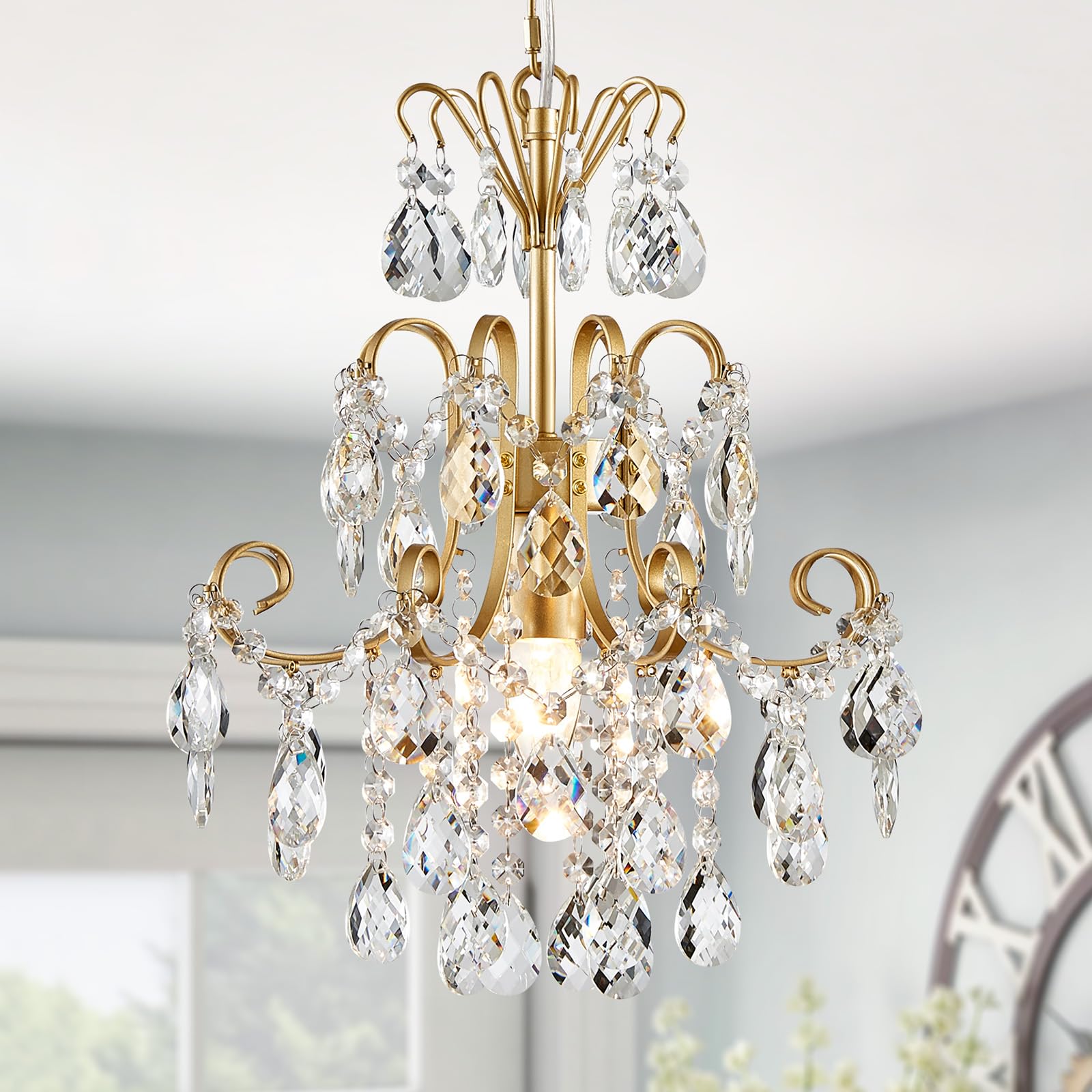 WUZUPS Crystal Chandelier 10-Light Pendant Ceiling Light Modern Lighting Fixture for Dining Room Hallway Bedroom Kitchen Bathroom, H 27.6" x W 22.8", E12 Base, Black