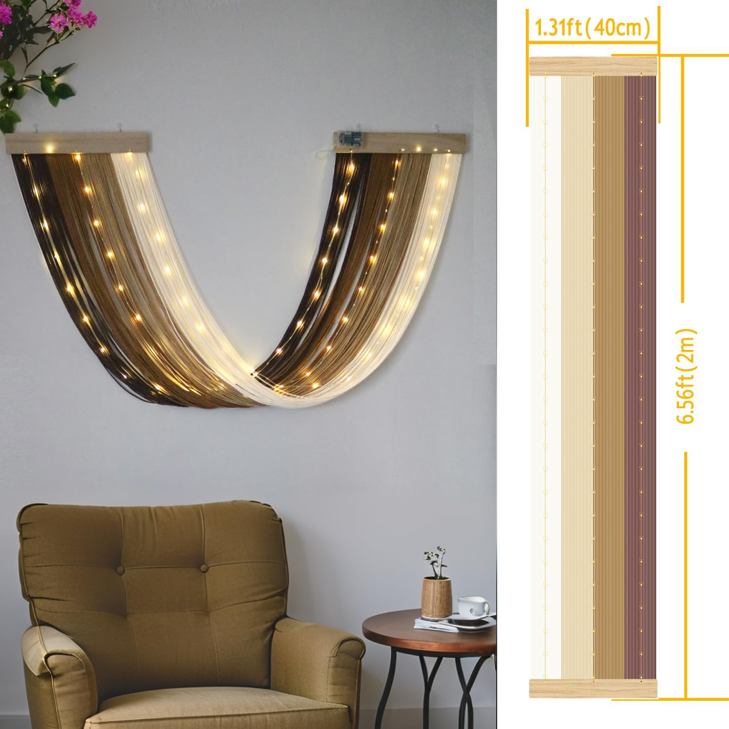 Macrame Fairy Lights Battery Operated with Remote | Large Macrame with 20ft 100 LED String Lights,Brown Gradient Warm White Light for Living Room,Bedroom,Christmas,Holiday Deco