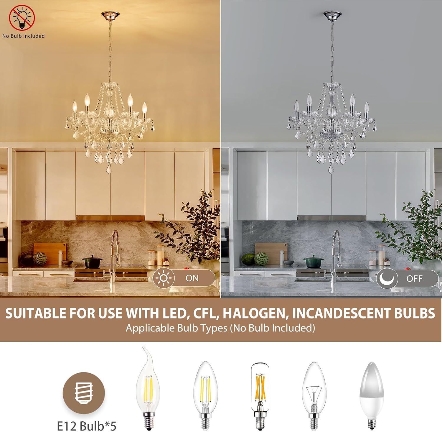 5-Light Modern Candle Crystal Glass Chandelier Pendant Ceiling Lighting Fixture for Dining Room Kitchen Hallway Living Room Bedroom Bar Closet, 23" Chrome Contemporary Elegant Lamp