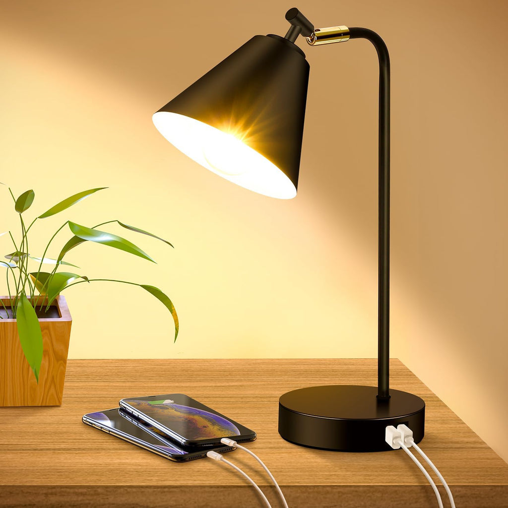 Touch Control Black Metal Table Lamp, Dimmable Flexible Desk Lamp with Charging Ports