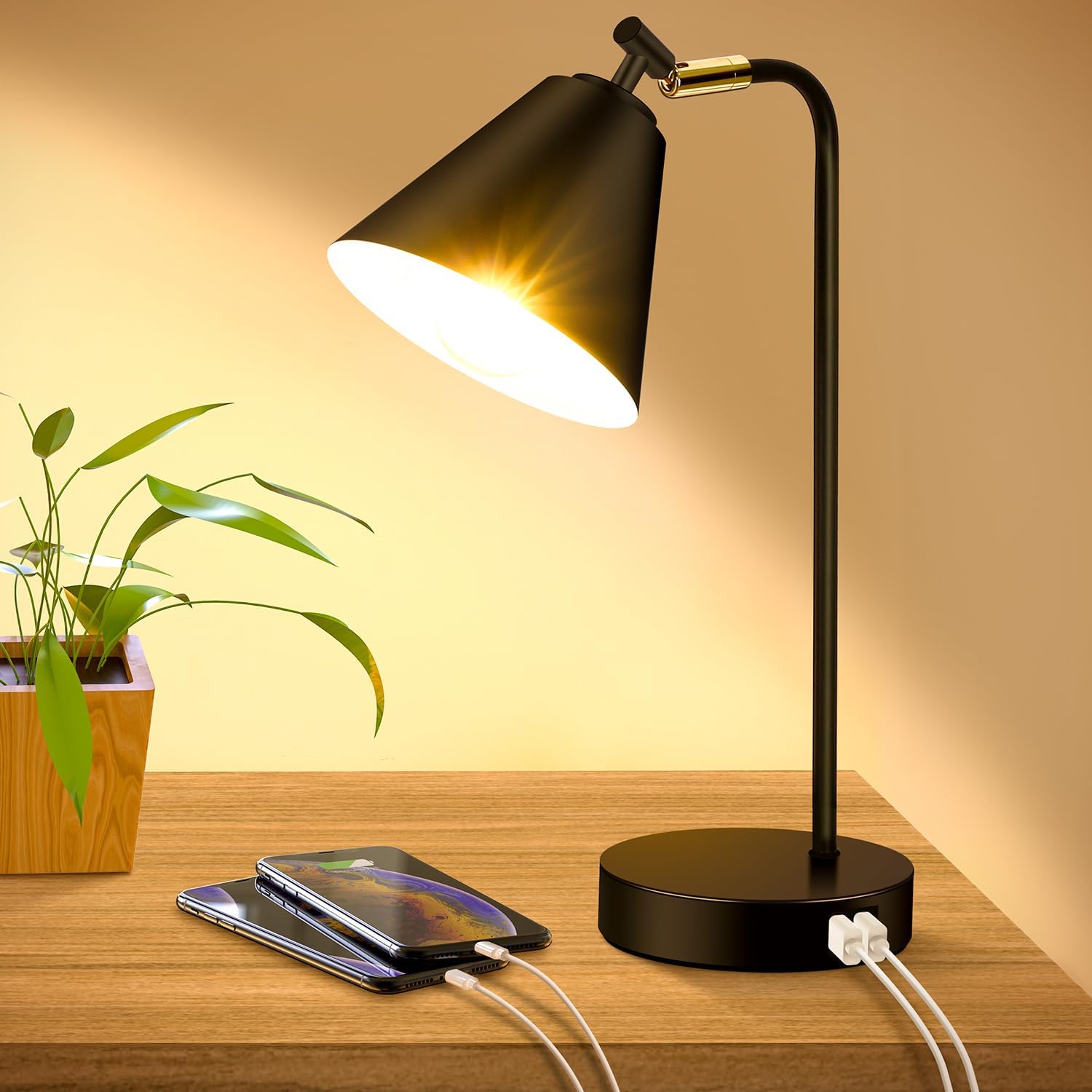 Touch Control Black Metal Table Lamp, Dimmable Flexible Desk Lamp with Charging Ports