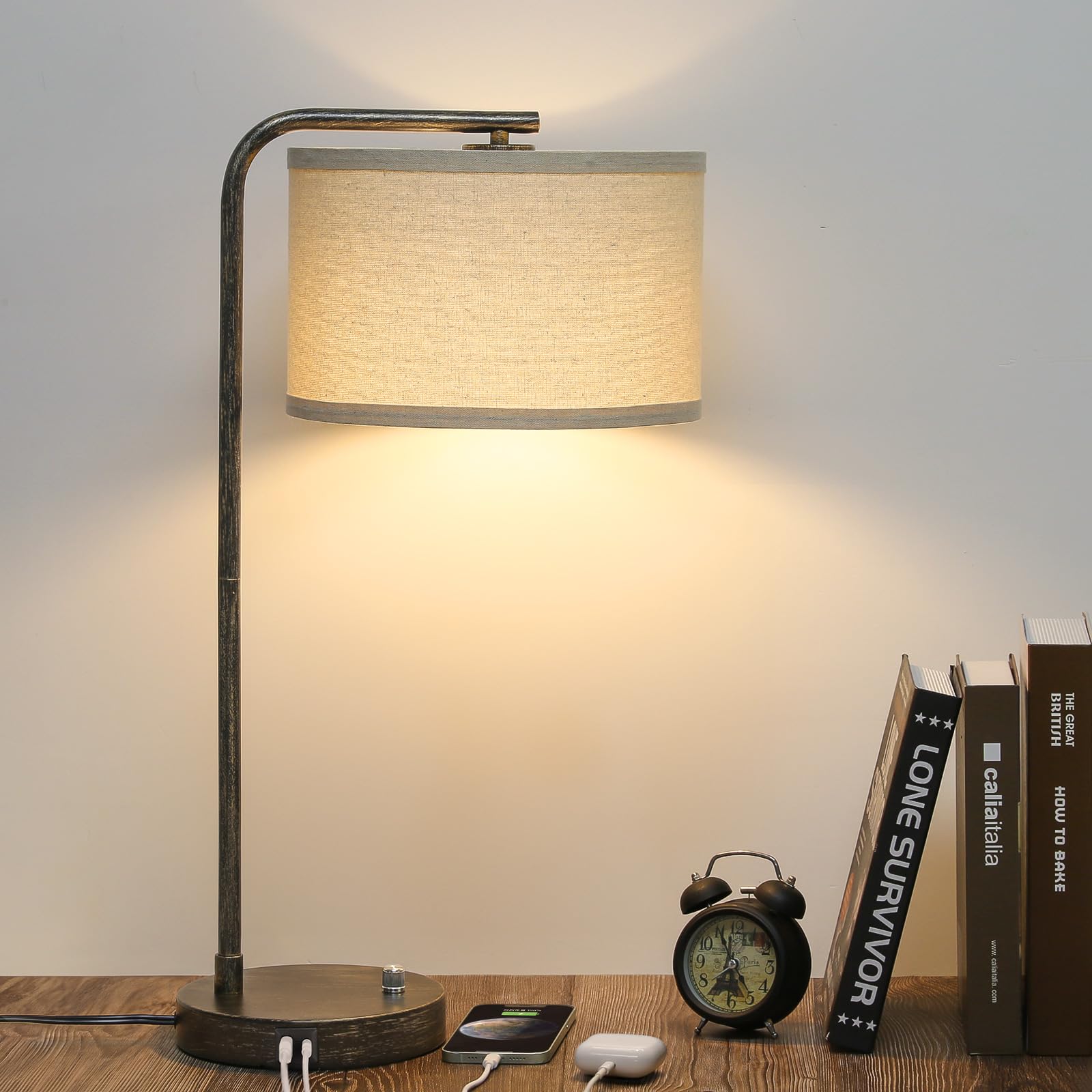 Seaside village Bedside Table Lamp with USB C+A Charging Ports, Fully Dimmable Industrial Tall Nightstand Reading Desk Lamp for Bedroom, Living Room, Office, 9W LED Bulb Included