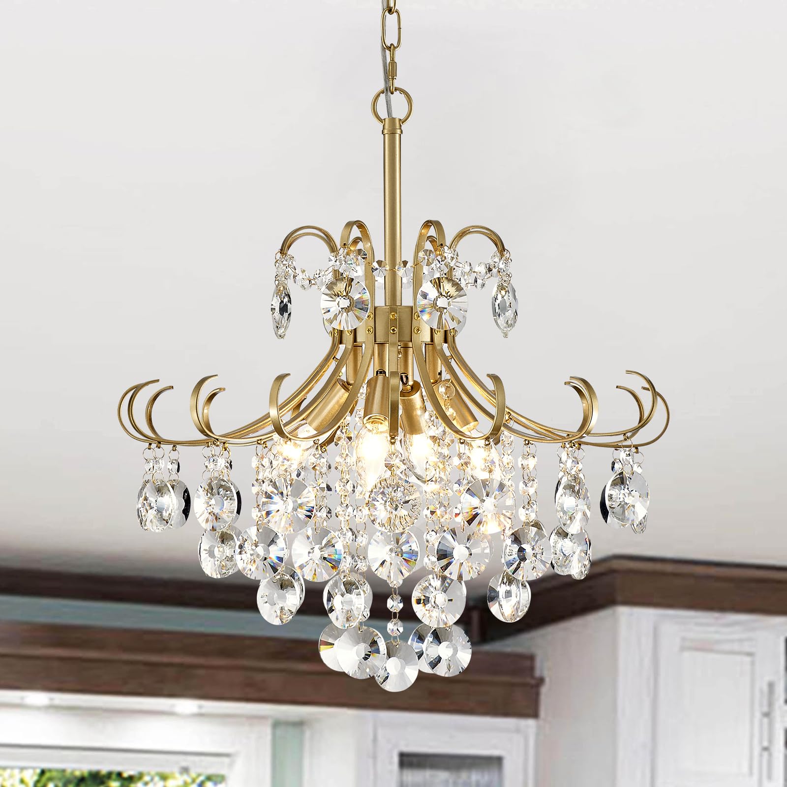 5-Light Modern Candle Crystal Glass Chandelier Pendant Ceiling Lighting Fixture for Dining Room Kitchen Hallway Living Room Bedroom Bar Closet, 23" Chrome Contemporary Elegant Lamp