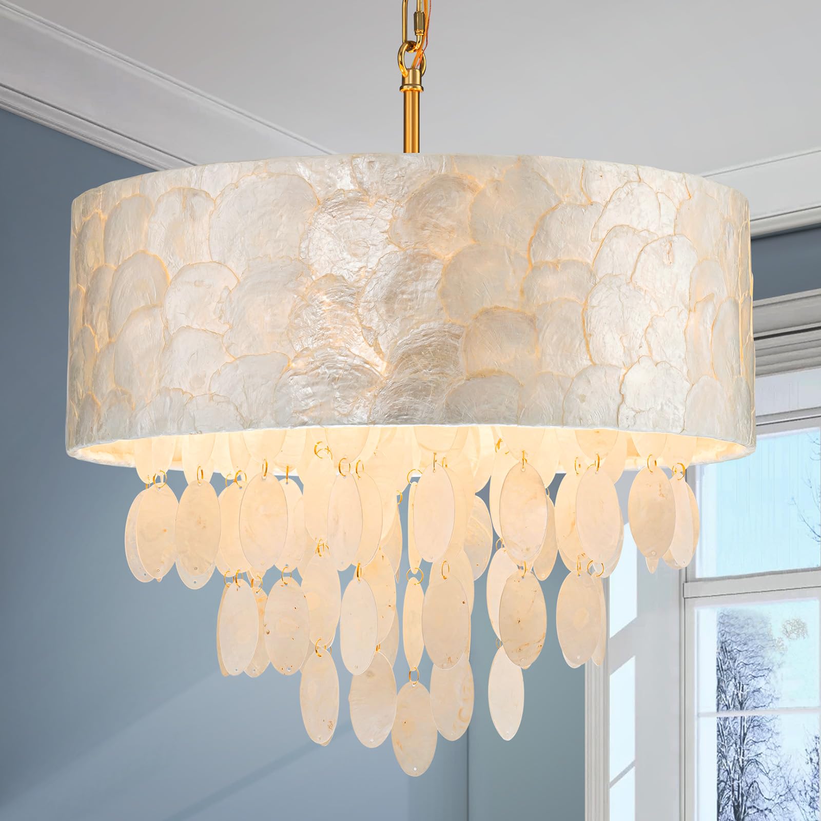 LumFurn X-Large 6-Light Drum Capiz Shell Crystal Chandeliers, Coastal Style Pendant Light Fixture for Dining Room, Living Room, D24 x H23~71 inch(Adjustable), Shell Lampshade & Chrome Finish