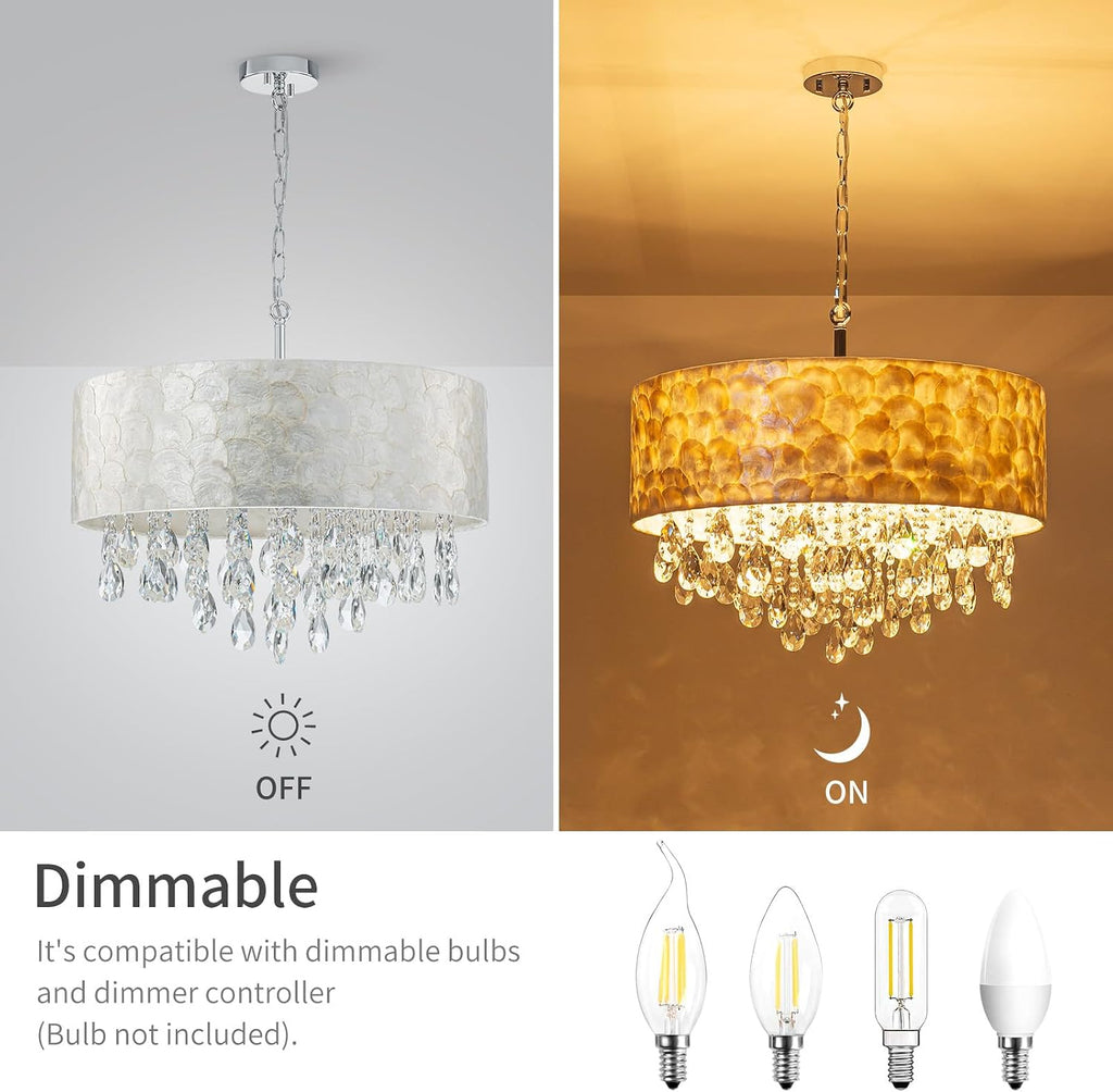 LumFurn X-Large 6-Light Drum Capiz Shell Crystal Chandeliers, Coastal Style Pendant Light Fixture for Dining Room, Living Room, D24 x H23~71 inch(Adjustable), Shell Lampshade & Chrome Finish