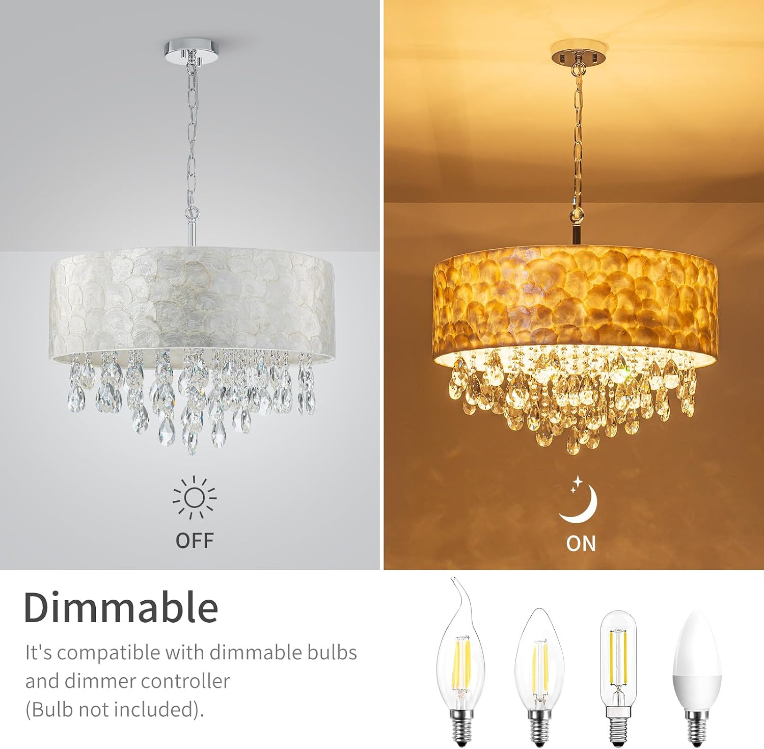 LumFurn X-Large 6-Light Drum Capiz Shell Crystal Chandeliers, Coastal Style Pendant Light Fixture for Dining Room, Living Room, D24 x H23~71 inch(Adjustable), Shell Lampshade & Chrome Finish
