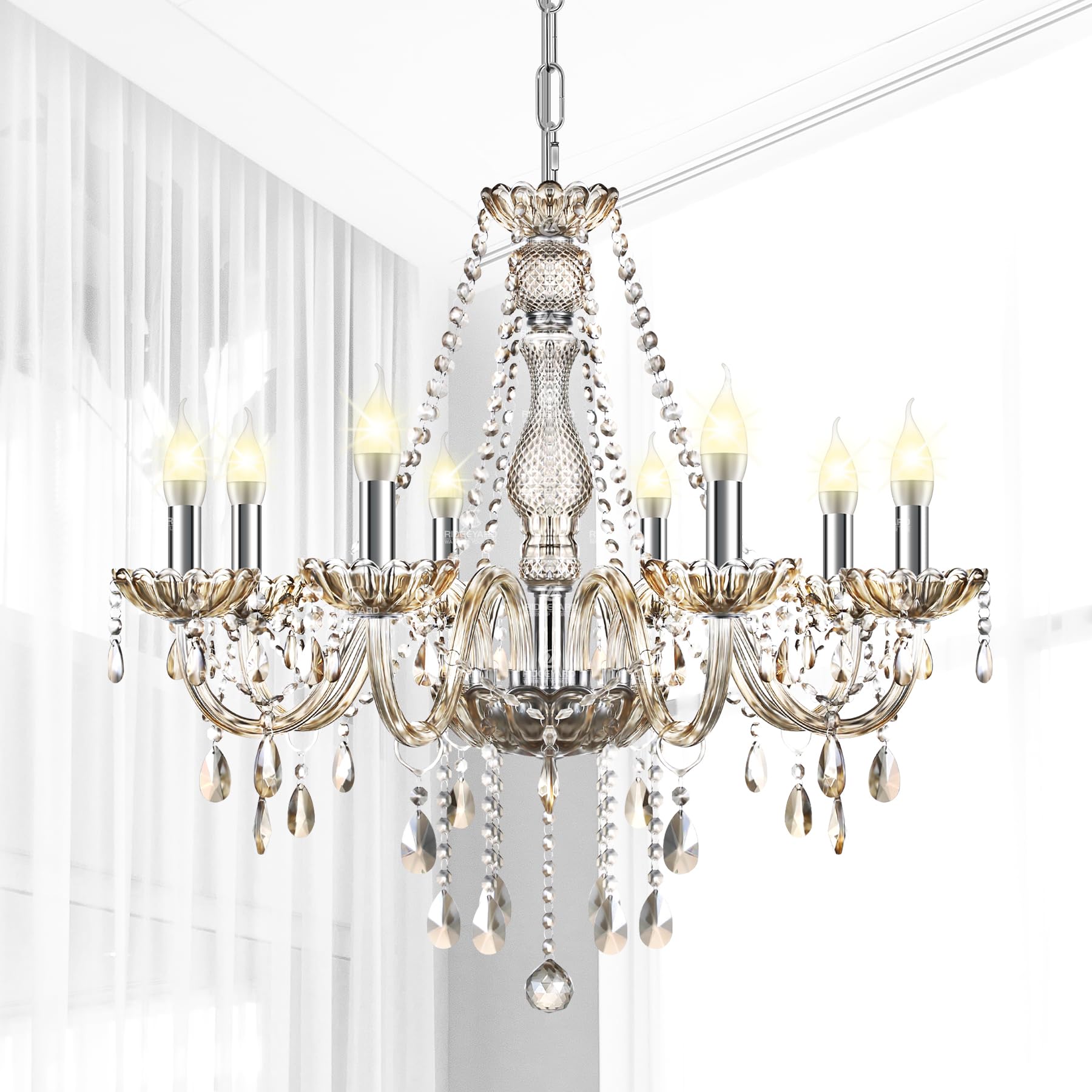 Ridgeyard 10-Light Crystal Chandelier Cognac/Champagne Modern K9 Crystal Candle Pendant Lamp Ceiling Lighting Fixture, Chandeliers for Dining Room Home Decor