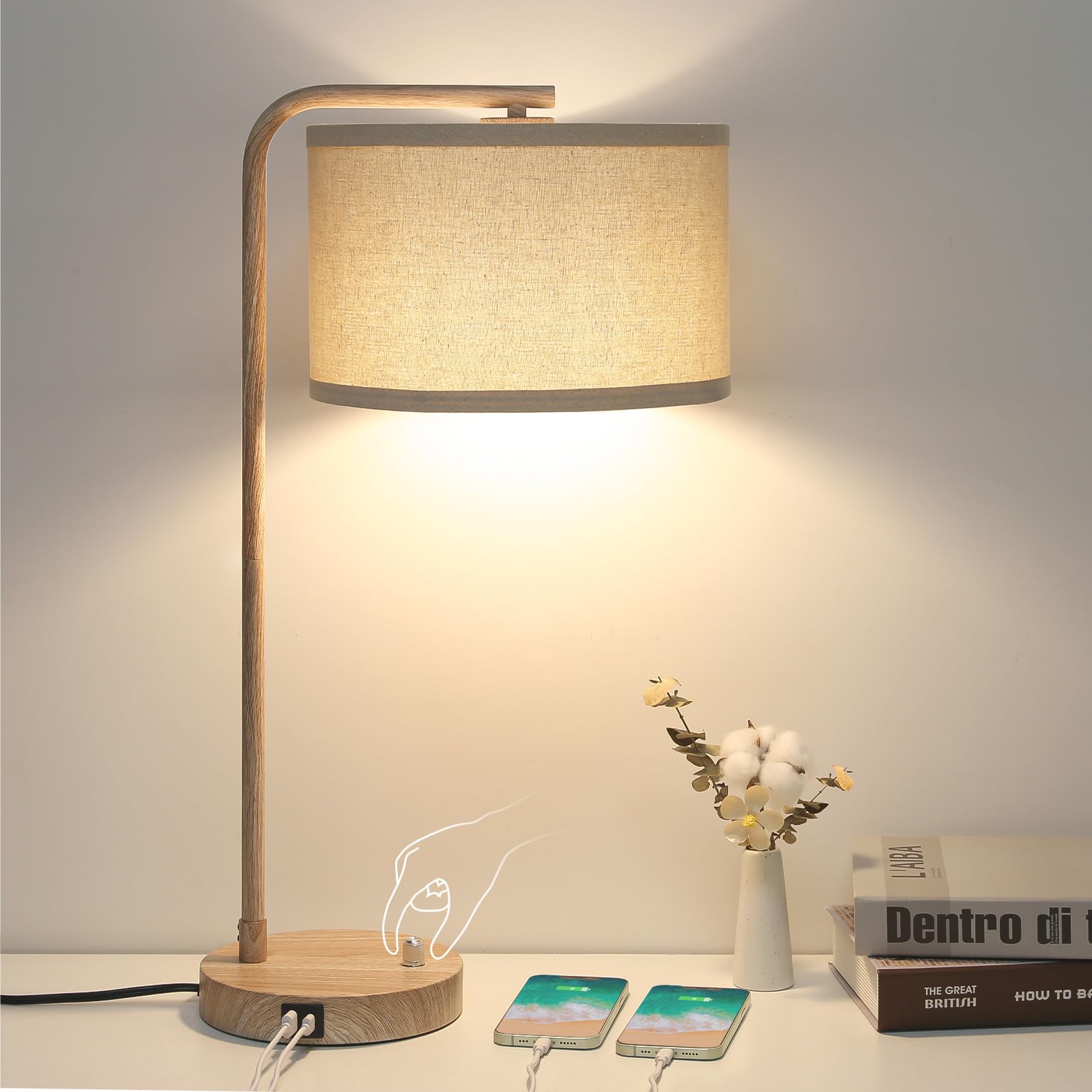 Seaside village Bedside Table Lamp with USB C+A Charging Ports, Fully Dimmable Industrial Tall Nightstand Reading Desk Lamp for Bedroom, Living Room, Office, 9W LED Bulb Included