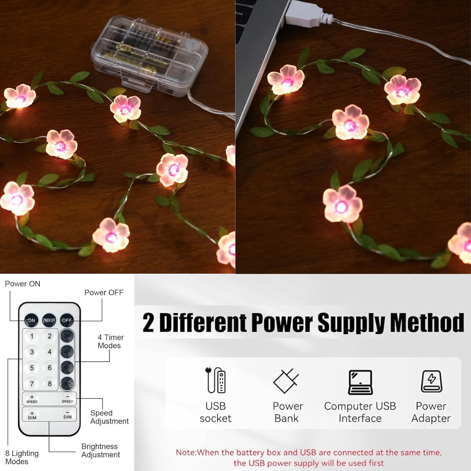 4Pack Cherry Blossom Vine Lights 13ft 40 LED Flower String Lights USB Plugin & Battery Operated Fairy Lights with Timer 8 Modes Remote Decorative Light for Bedroom Wedding Birthday Party Gift