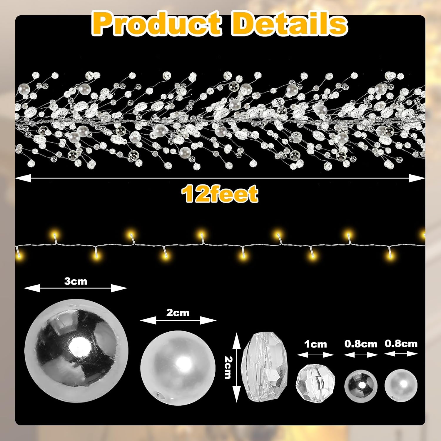 VIHOSE 12 Ft Christmas Glitter Gem Garland with Light Crystal Beaded Ice Wire Clear Garland Acrylic Faux Diamond String Decoration for Xmas Tree Home Table Holiday Party