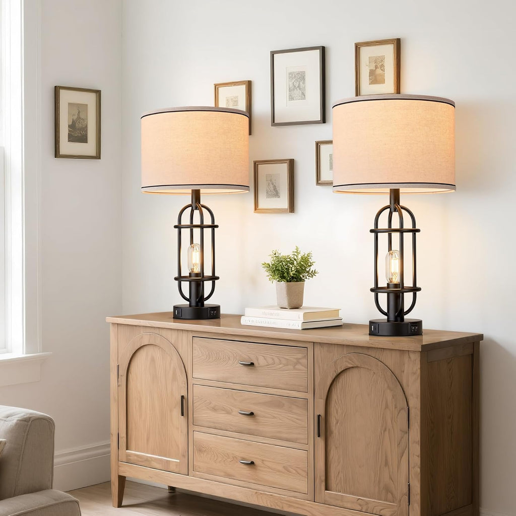 Reaketon Black Table Lamps for Living Room Set of 2, 22.3" Farmhouse Lamps for Nightstand, Industrial Table Lamps for Bedroom with USB Ports, Bulbs Included