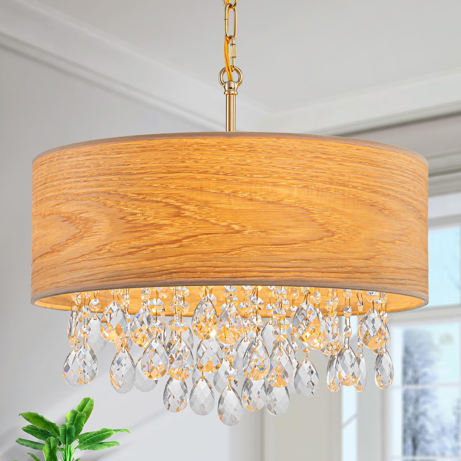 LumFurn X-Large 6-Light Drum Capiz Shell Crystal Chandeliers, Coastal Style Pendant Light Fixture for Dining Room, Living Room, D24 x H23~71 inch(Adjustable), Shell Lampshade & Chrome Finish