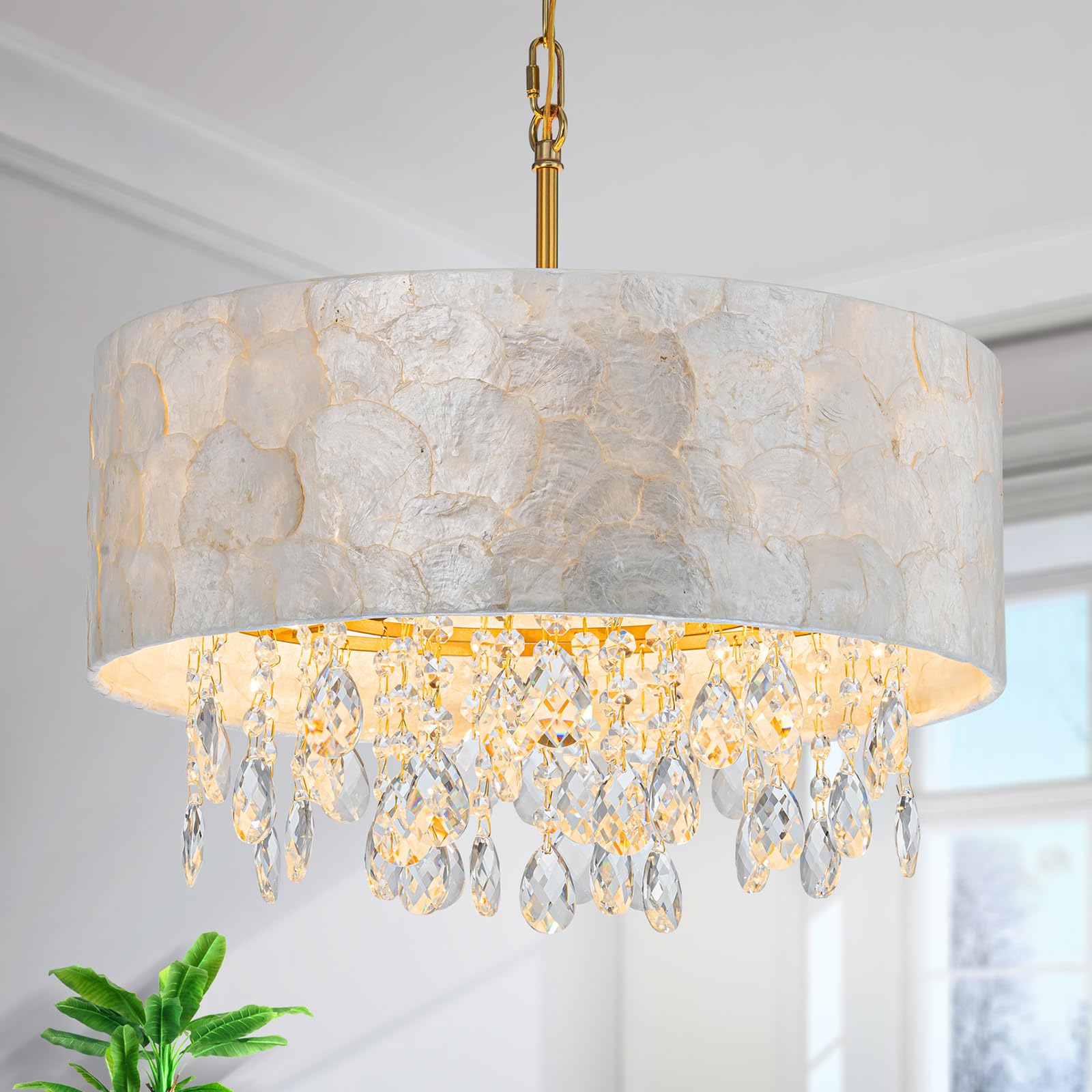 LumFurn X-Large 6-Light Drum Capiz Shell Crystal Chandeliers, Coastal Style Pendant Light Fixture for Dining Room, Living Room, D24 x H23~71 inch(Adjustable), Shell Lampshade & Chrome Finish
