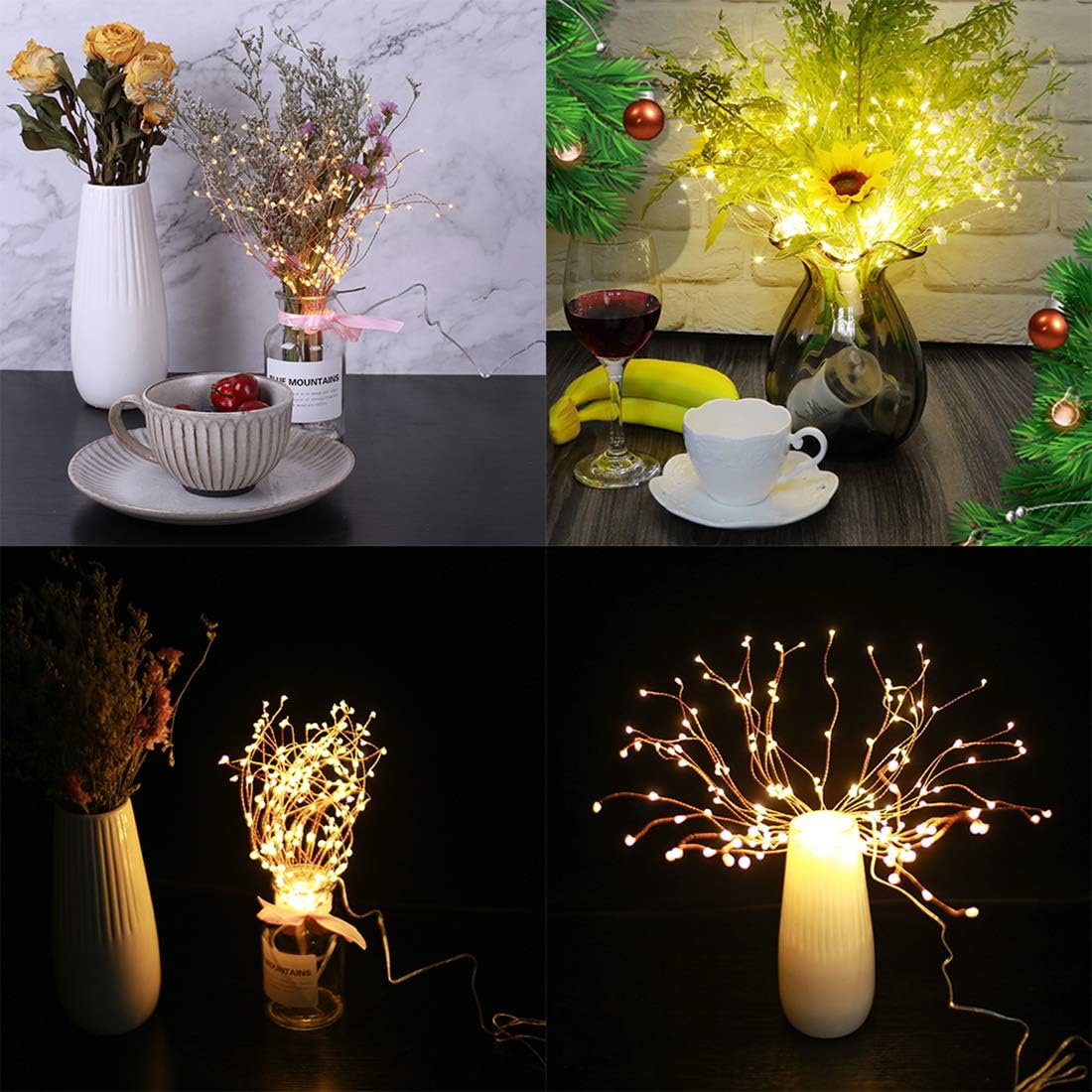 PXBNIUYA 4 Pack Starburst Sphere Lights,200 LED Firework Lights, 8 Modes Dimmable Remote Control Waterproof Hanging Fairy Light, Copper Wire Light for Patio Parties Christmas (Battery Operated)