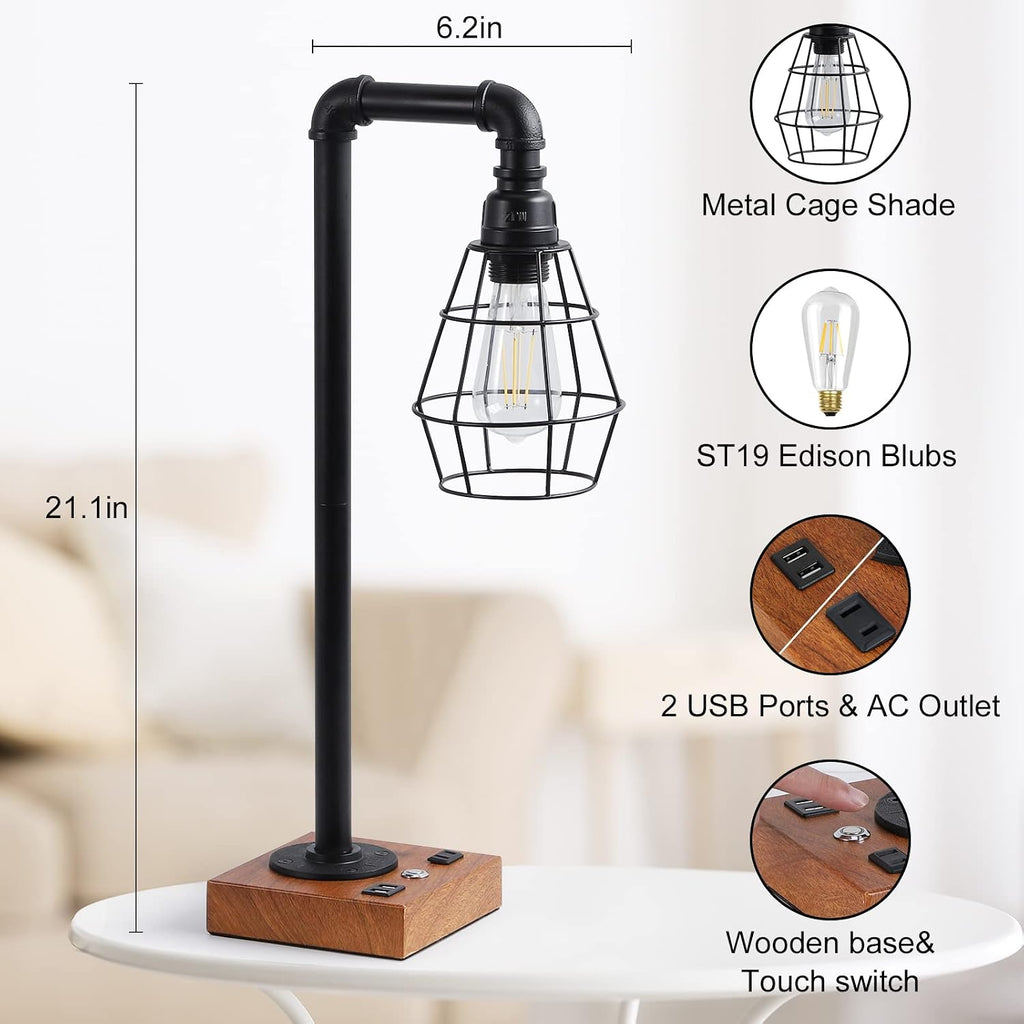 YBING Industrial Desk Lamp, Bulb Included, 3 Way Dimmable Table Lamp with Dual USB Ports & AC Outlet, Edison Touch Control for Bedroom, Study, Living Room, Office