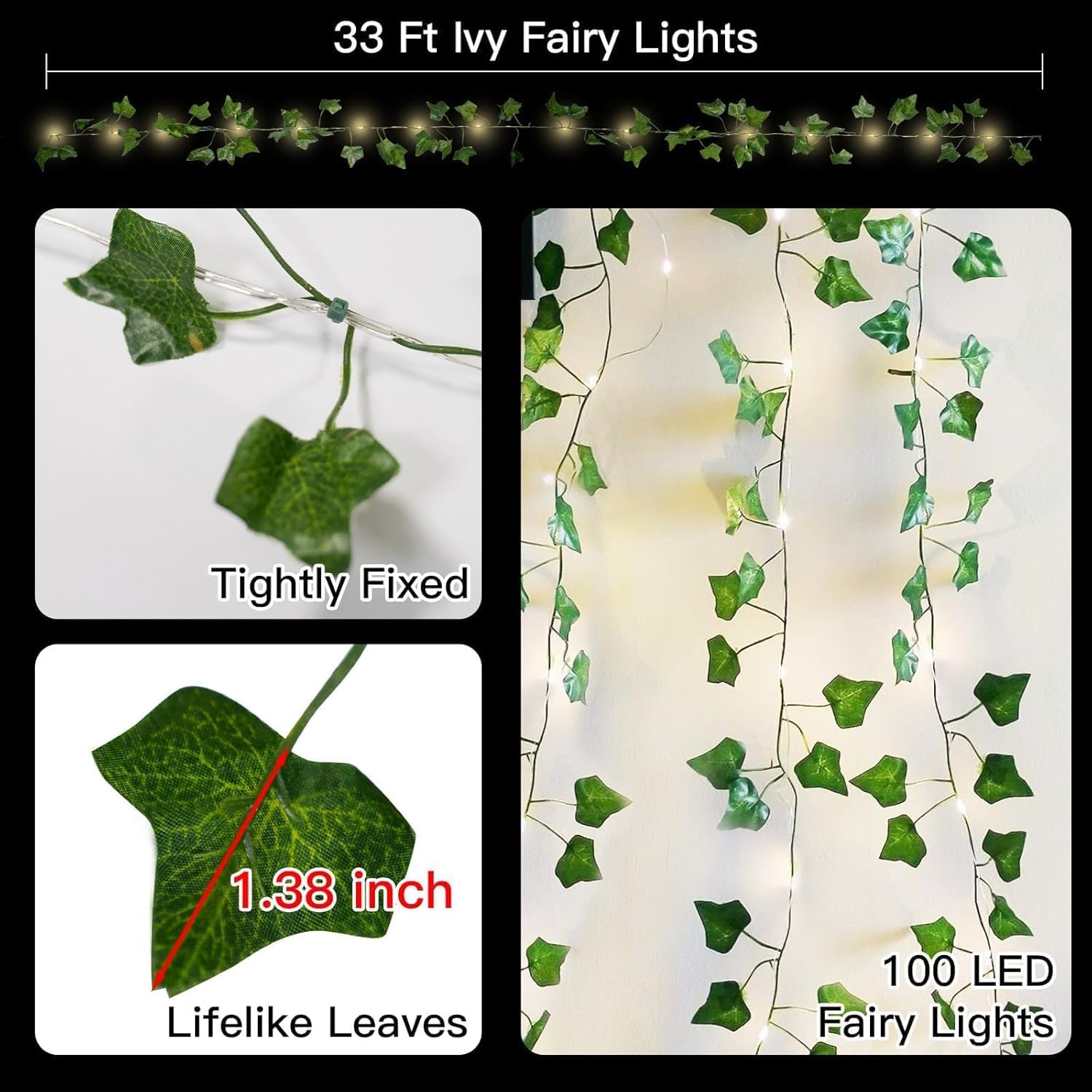 Warm White LED Ivy String Lights 40ft 4 Pack, USB & Battery Powered Decor Lights