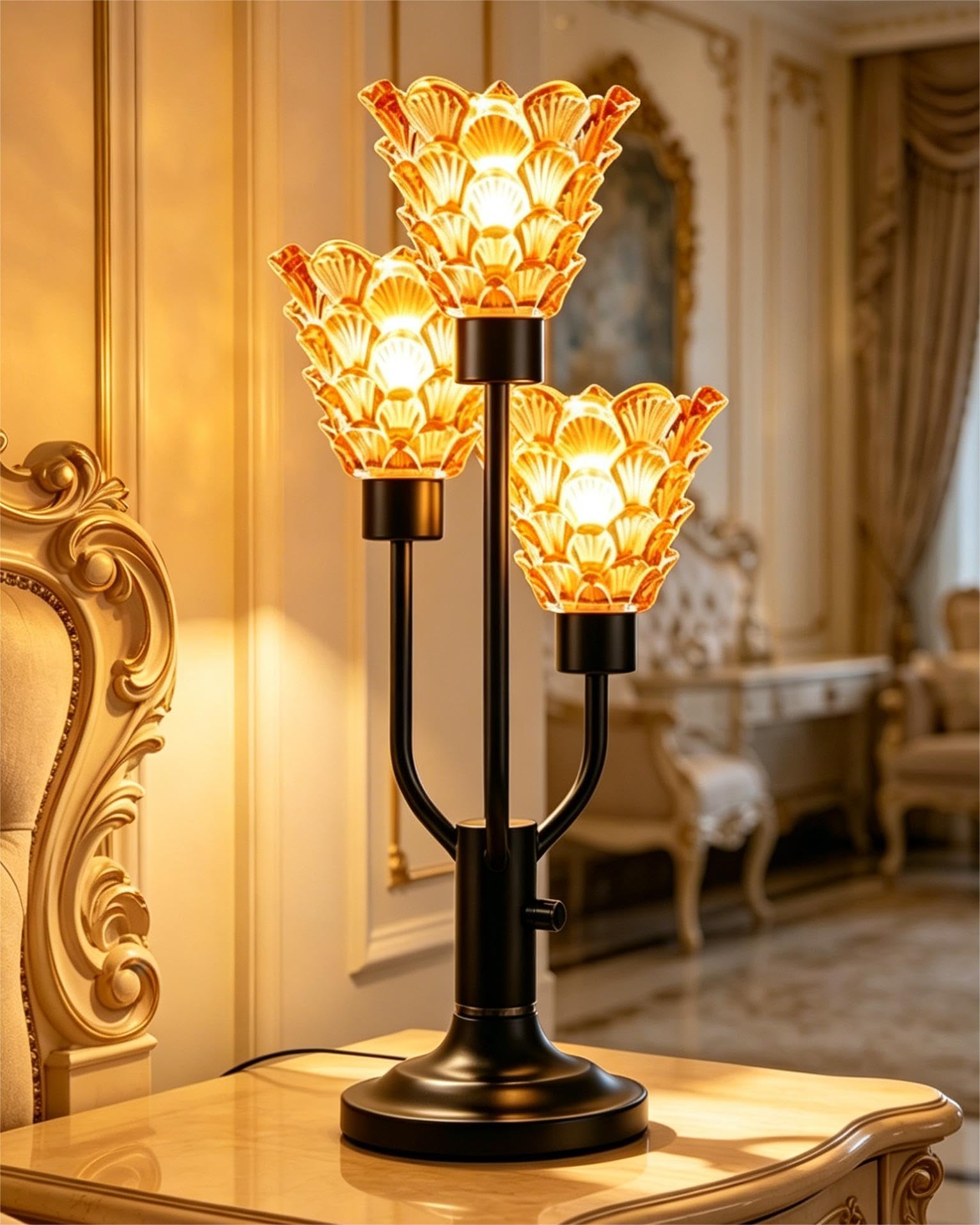 Mid Century Modern Table Lamp for Living Room Dimmable Nightstand Lamp Vintage Black Desk Lamp with Brown Glass 3 Bulbs Included Warmwhite Ambient Bedside Lamps for Bedroom Office Home Decor