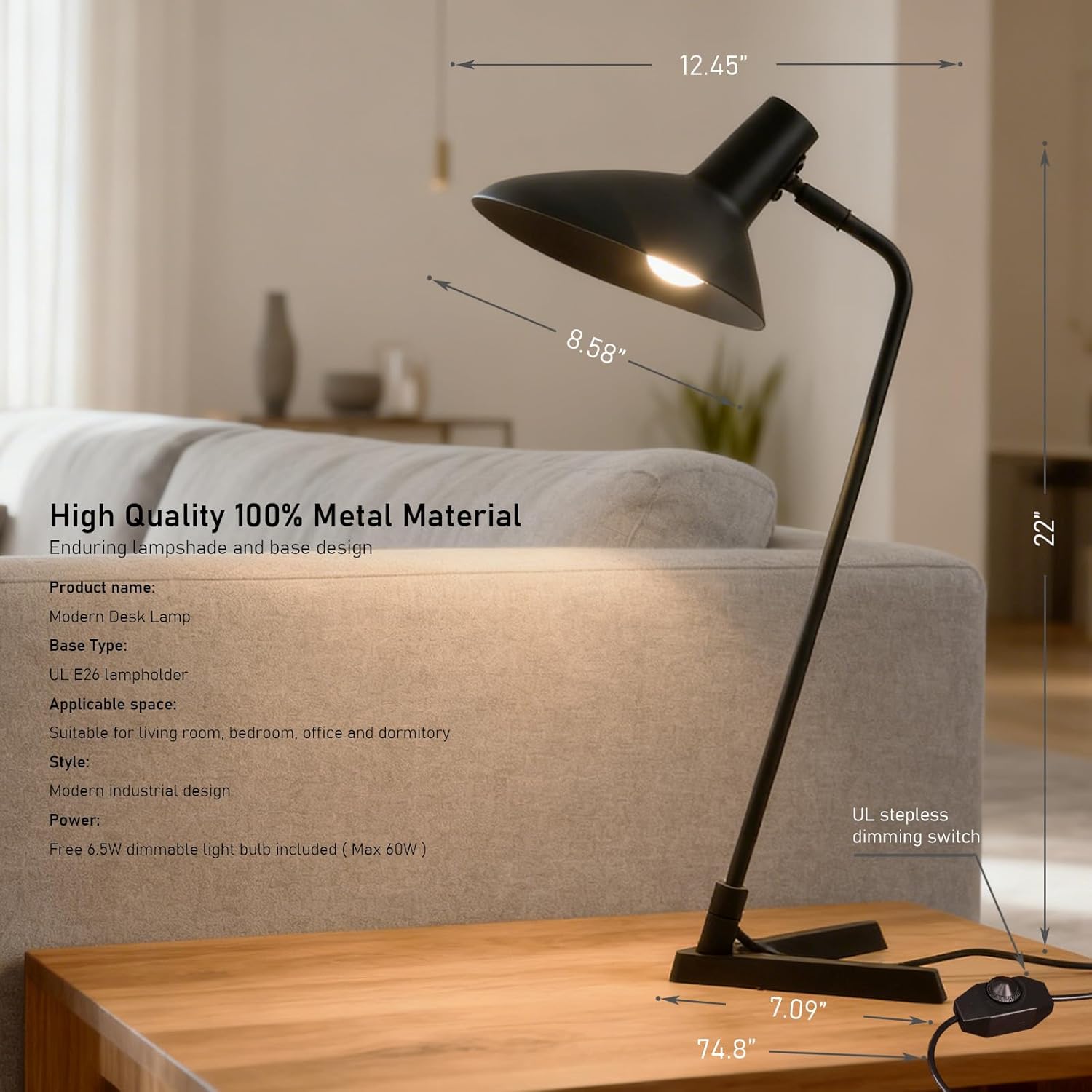 Industrial Desk Lamp Metal Modern Table Lamp 22", Adjustable Neck (4000K) with Adjustable Switch, Ideal for Office Desk Bedroom Bedside Lamps Study Room Living Room Side Table (Sand Black)