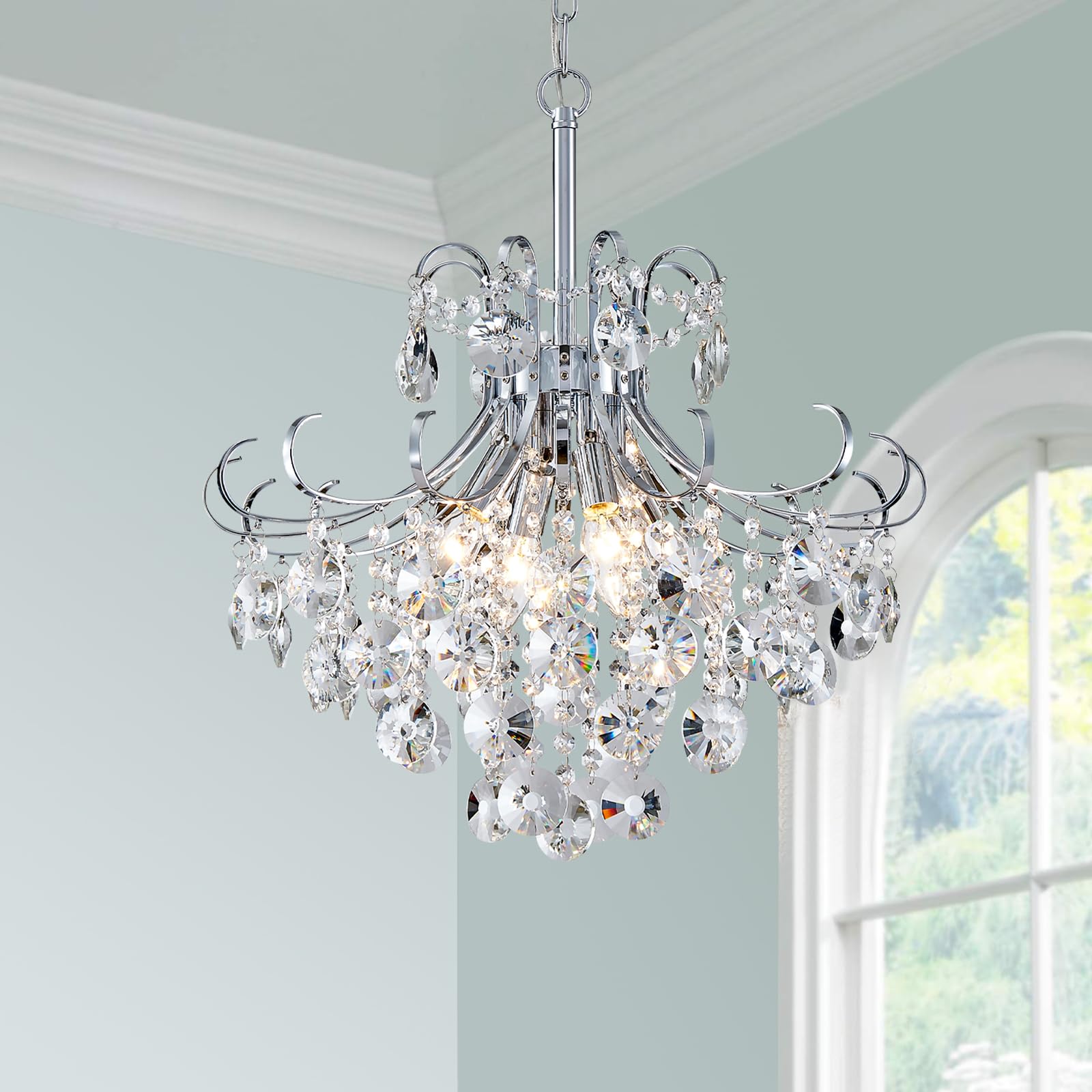 5-Light Modern Candle Crystal Glass Chandelier Pendant Ceiling Lighting Fixture for Dining Room Kitchen Hallway Living Room Bedroom Bar Closet, 23" Chrome Contemporary Elegant Lamp