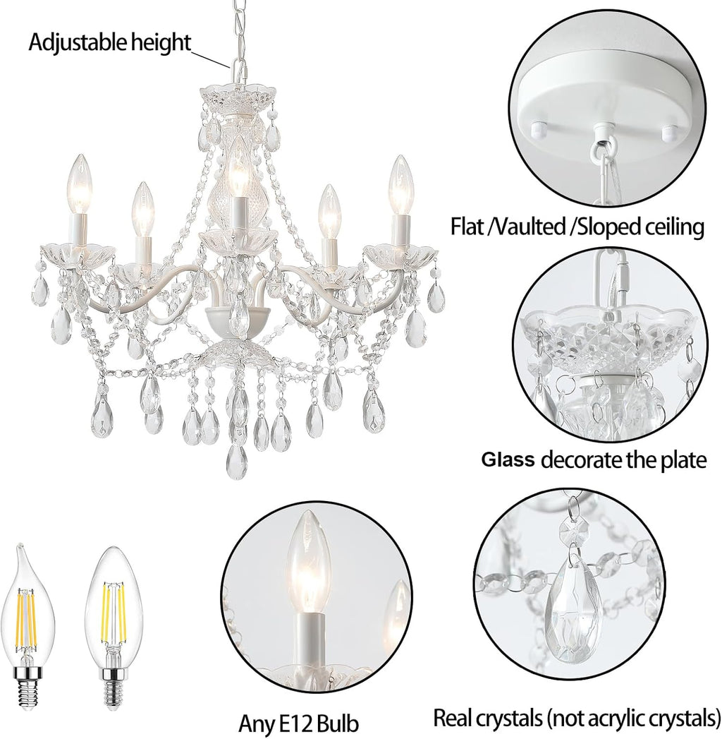 5 Light White Crystal Pendant Lamp, Ceramic Hanging Chandelier for Kitchen Wedding Decor