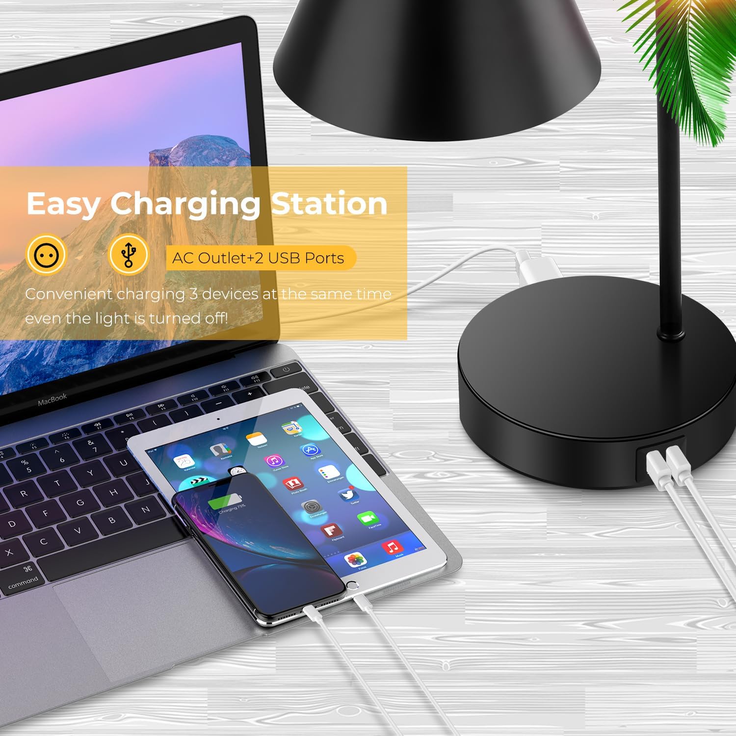 Touch Control Black Metal Table Lamp, Dimmable Flexible Desk Lamp with Charging Ports