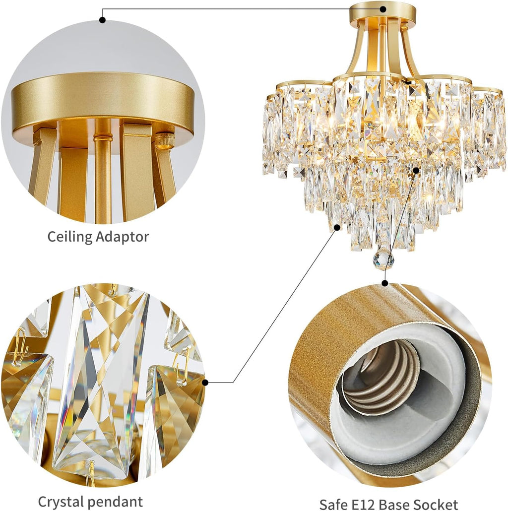 WUZUPS Crystal Chandelier Semi-Flushmount Ceiling Light Modern Lighting Fixture for Bedroom Hallway Entry Kitchen Bathroom, H 19.3" x W 18.3", E12 Base, Gold