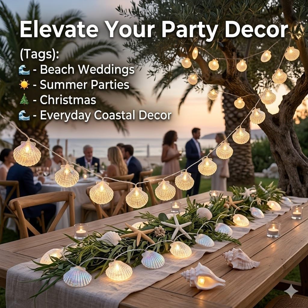 Natural Beach Shell String Light 20FT 40 LED Warm White LED Seashell Fairy Lights,Lights with Battery Operated，Ocean Theme Decor for Bedroom, Party, Wedding, Garden, Patio(Shell)