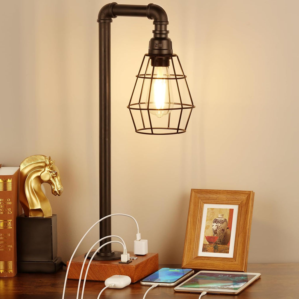 YBING Industrial Desk Lamp, Bulb Included, 3 Way Dimmable Table Lamp with Dual USB Ports & AC Outlet, Edison Touch Control for Bedroom, Study, Living Room, Office