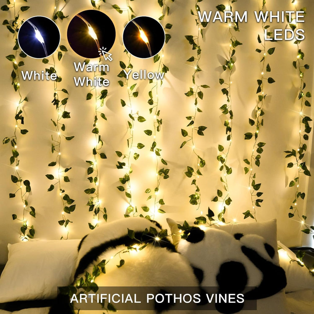 4 Pack Vines with Fairy Lights 40ft 120 LED Pothos String Lights USB Plugin & Battery Operated Leaf Lights with Timer 8 Modes Remote Decorative Light for Bedroom Wedding Party - Warm White