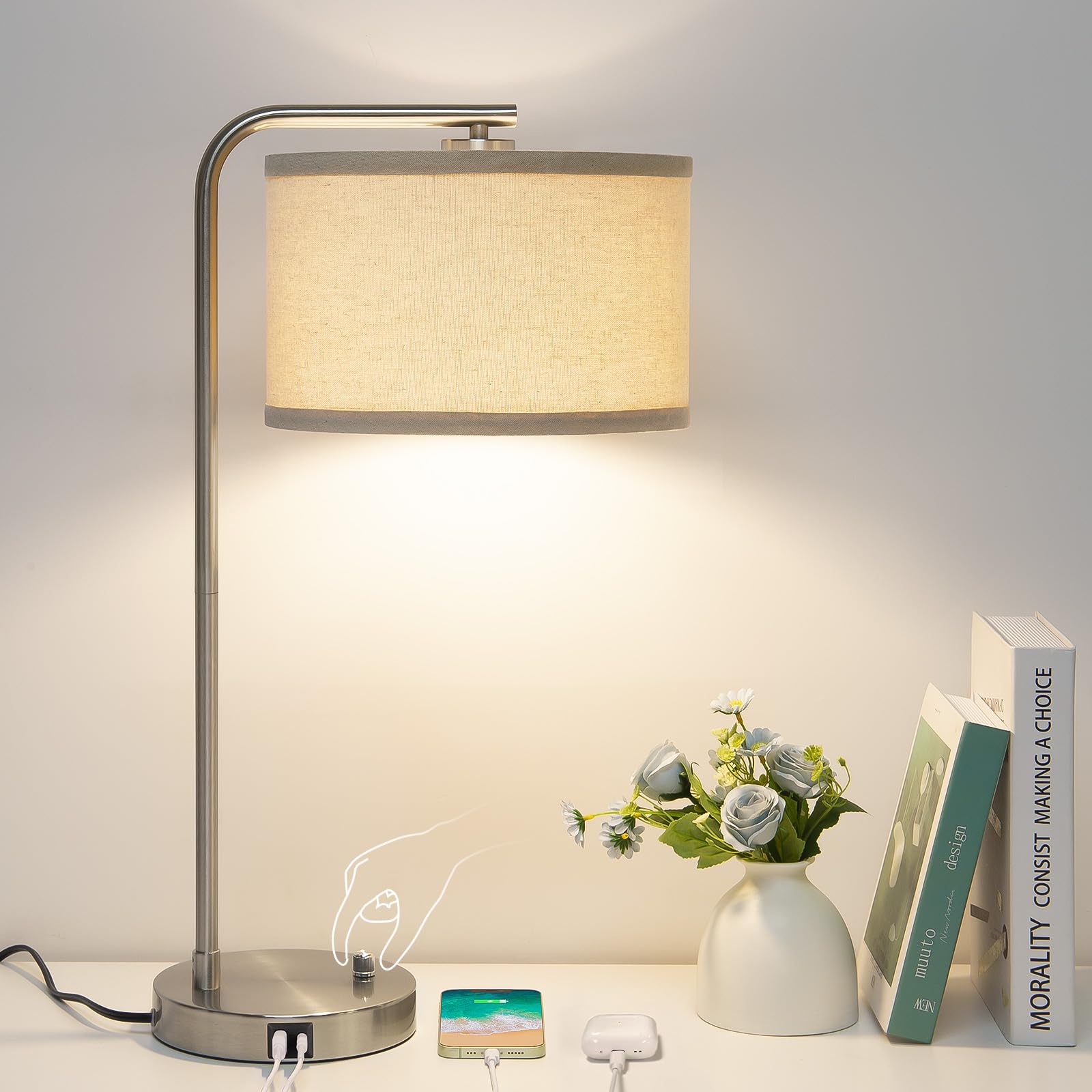 Seaside village Bedside Table Lamp with USB C+A Charging Ports, Fully Dimmable Industrial Tall Nightstand Reading Desk Lamp for Bedroom, Living Room, Office, 9W LED Bulb Included