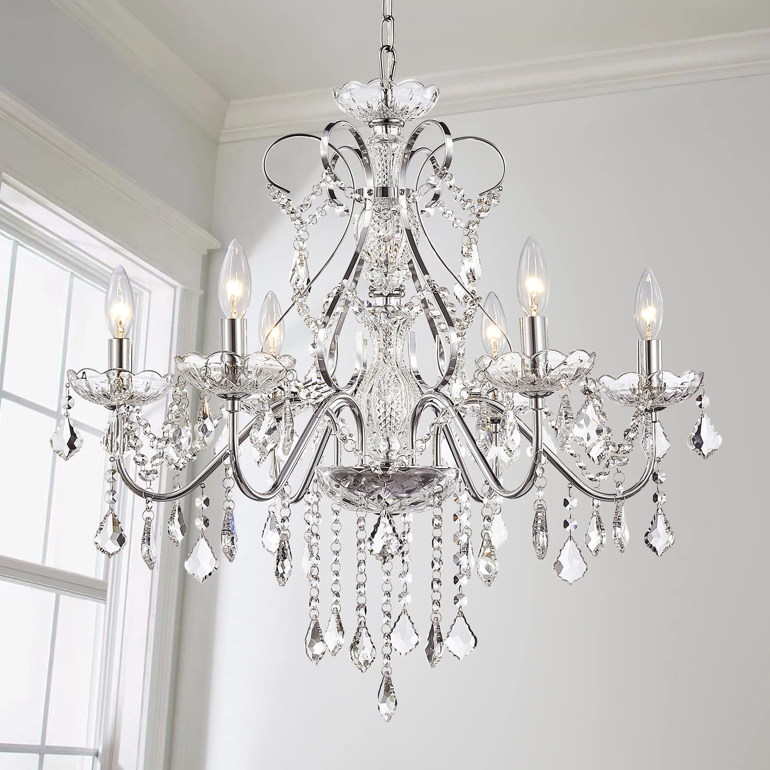 Saint Mossi 6-Lights Crystal Chandelier Crystals Raindrop Chandelier,Modern Crystal Pendant Light Fixture Modern Chandelier for Bedroom,Living Room,Dining Room,H22 X D24,Chain Adjustable