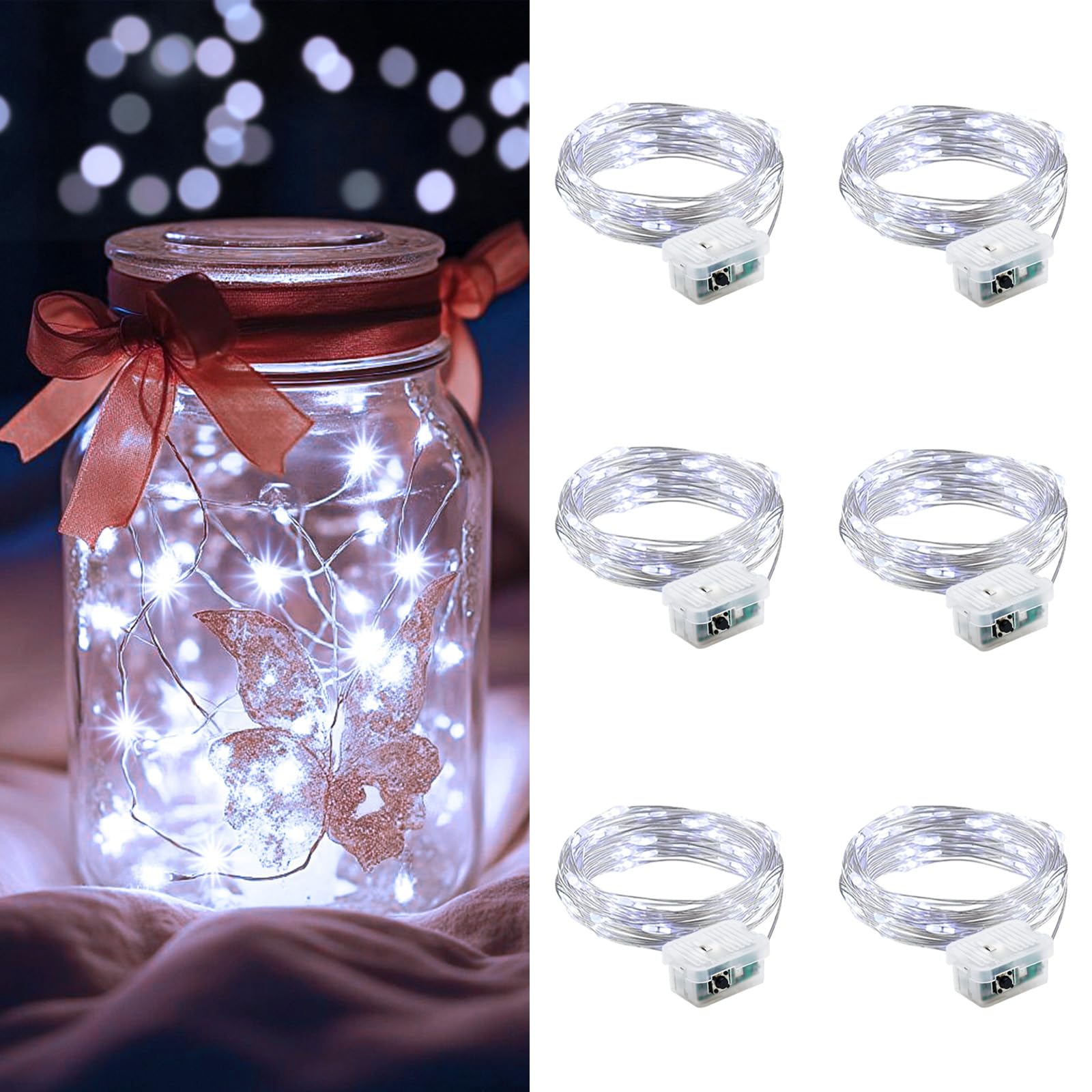 AIKEI 48 Pack LED Fairy Lights Battery Operated, Fairy String Lights Waterproof 7 Feet 20 Led Firefly Starry Lamps for Wedding Party Bedroom Garden Halloween Christmas Decoration White