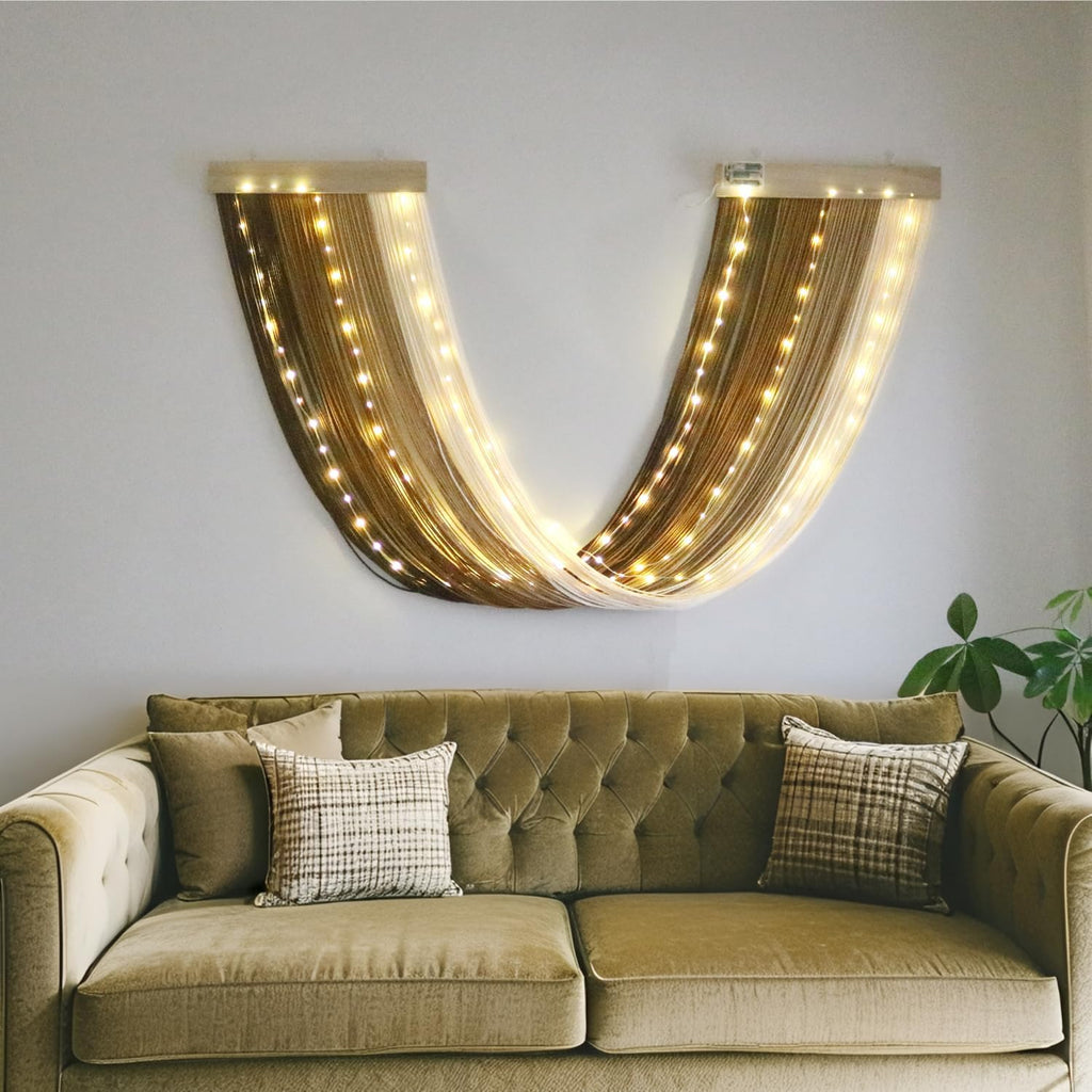 Macrame Fairy Lights Battery Operated with Remote | Large Macrame with 20ft 100 LED String Lights,Brown Gradient Warm White Light for Living Room,Bedroom,Christmas,Holiday Deco