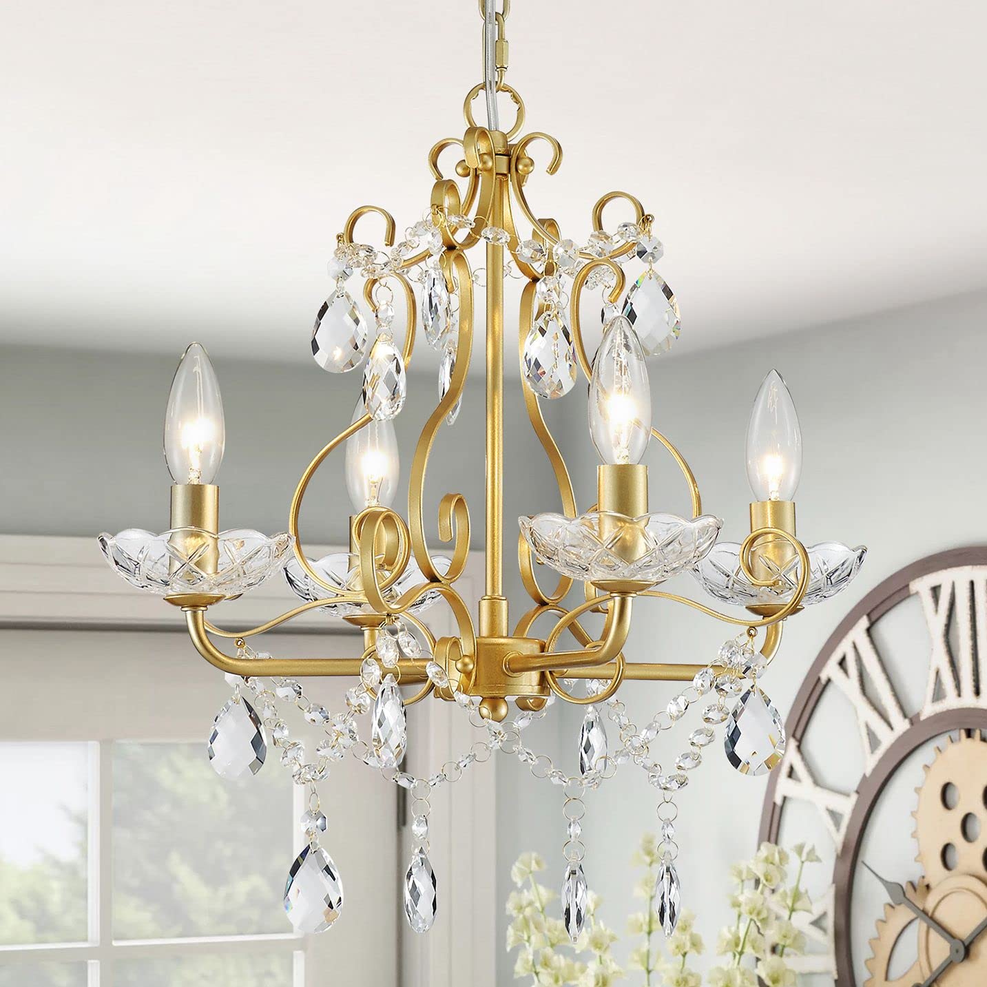 WUZUPS Crystal 5-Light Candle Chandelier Pendant Flushmount Ceiling Light Modern Lighting Fixture for Bedroom Hallway Bar Kitchen Bathroom, H 20.9" x W 21.7", Brushed Nickel, E12 Base