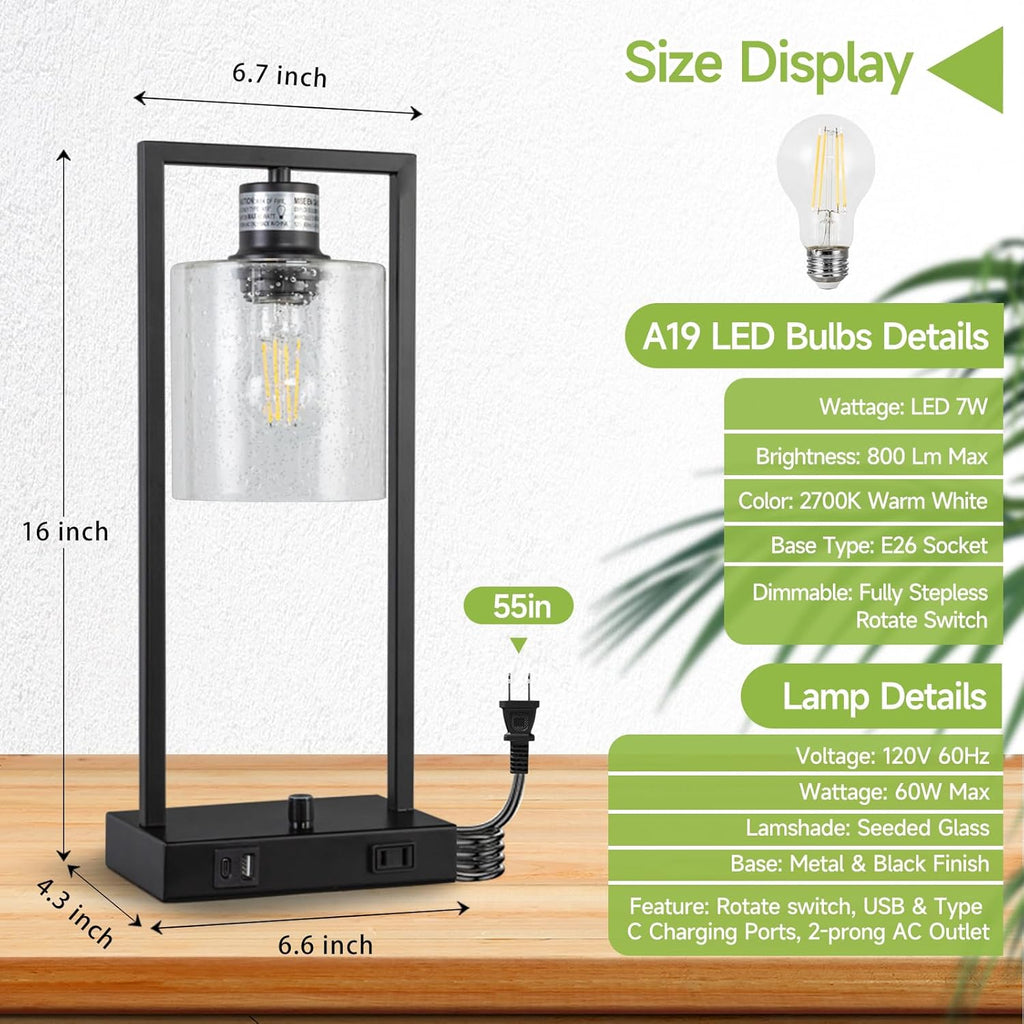 16" Desk Lamps for Home Office, Bedside Lamps with USB C+A Ports and Outlet, Black Fully Stepless Dimmable Industrial Table Lamps with Seeded Glass Shade for Reading Living Room, LED Bulbs Included