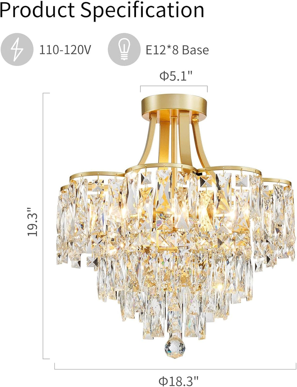 WUZUPS Crystal Chandelier Semi-Flushmount Ceiling Light Modern Lighting Fixture for Bedroom Hallway Entry Kitchen Bathroom, H 19.3" x W 18.3", E12 Base, Gold