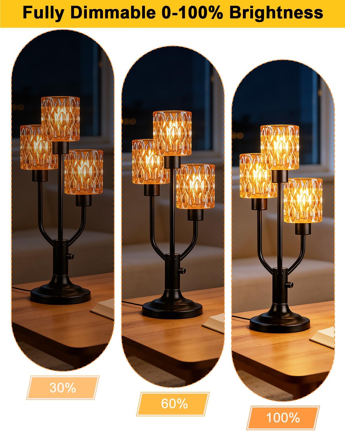 Mid Century Modern Table Lamp for Living Room Dimmable Nightstand Lamp Vintage Black Desk Lamp with Brown Glass 3 Bulbs Included Warmwhite Ambient Bedside Lamps for Bedroom Office Home Decor
