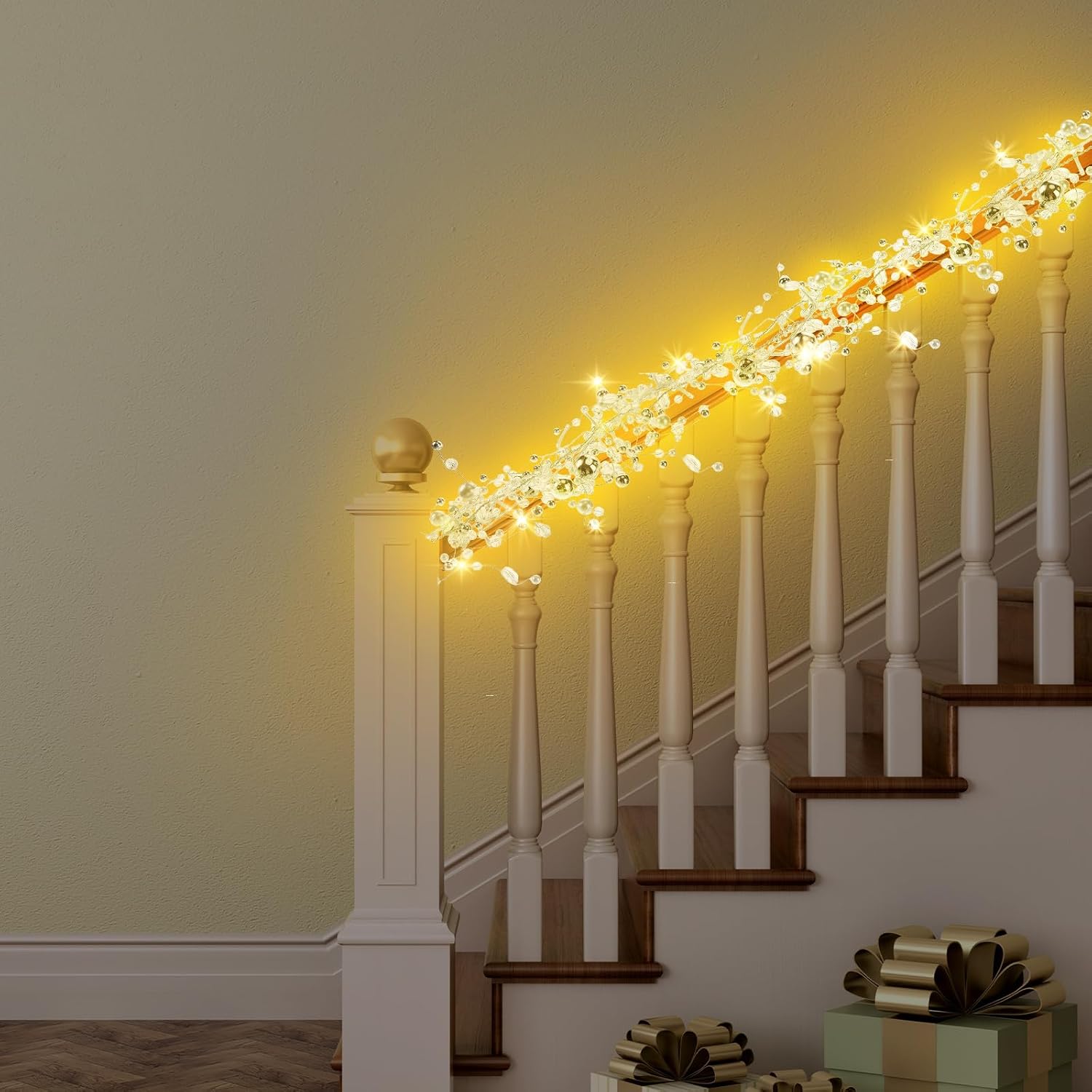 VIHOSE 12 Ft Christmas Glitter Gem Garland with Light Crystal Beaded Ice Wire Clear Garland Acrylic Faux Diamond String Decoration for Xmas Tree Home Table Holiday Party