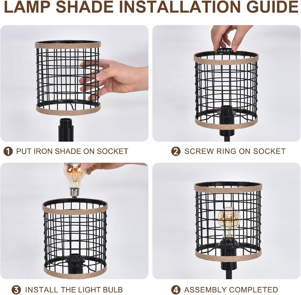 Black Industrial Metal Mesh Table Lamp, 20" Tall Farmhouse Bedside Lamp with Burlap Trim, 5ft Brown Cord & Rotary Switch, E26 Bakelite Socket for Bedroom Living Room