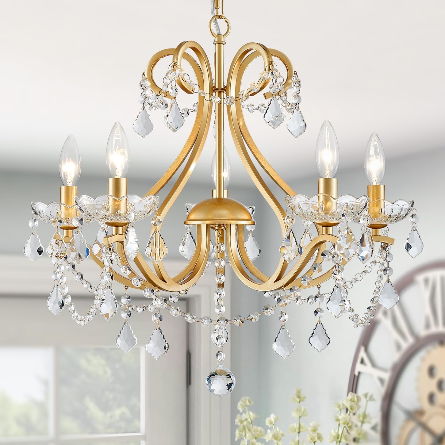 WUZUPS Crystal 5-Light Candle Chandelier Pendant Flushmount Ceiling Light Modern Lighting Fixture for Bedroom Hallway Bar Kitchen Bathroom, H 20.9" x W 21.7", Brushed Nickel, E12 Base