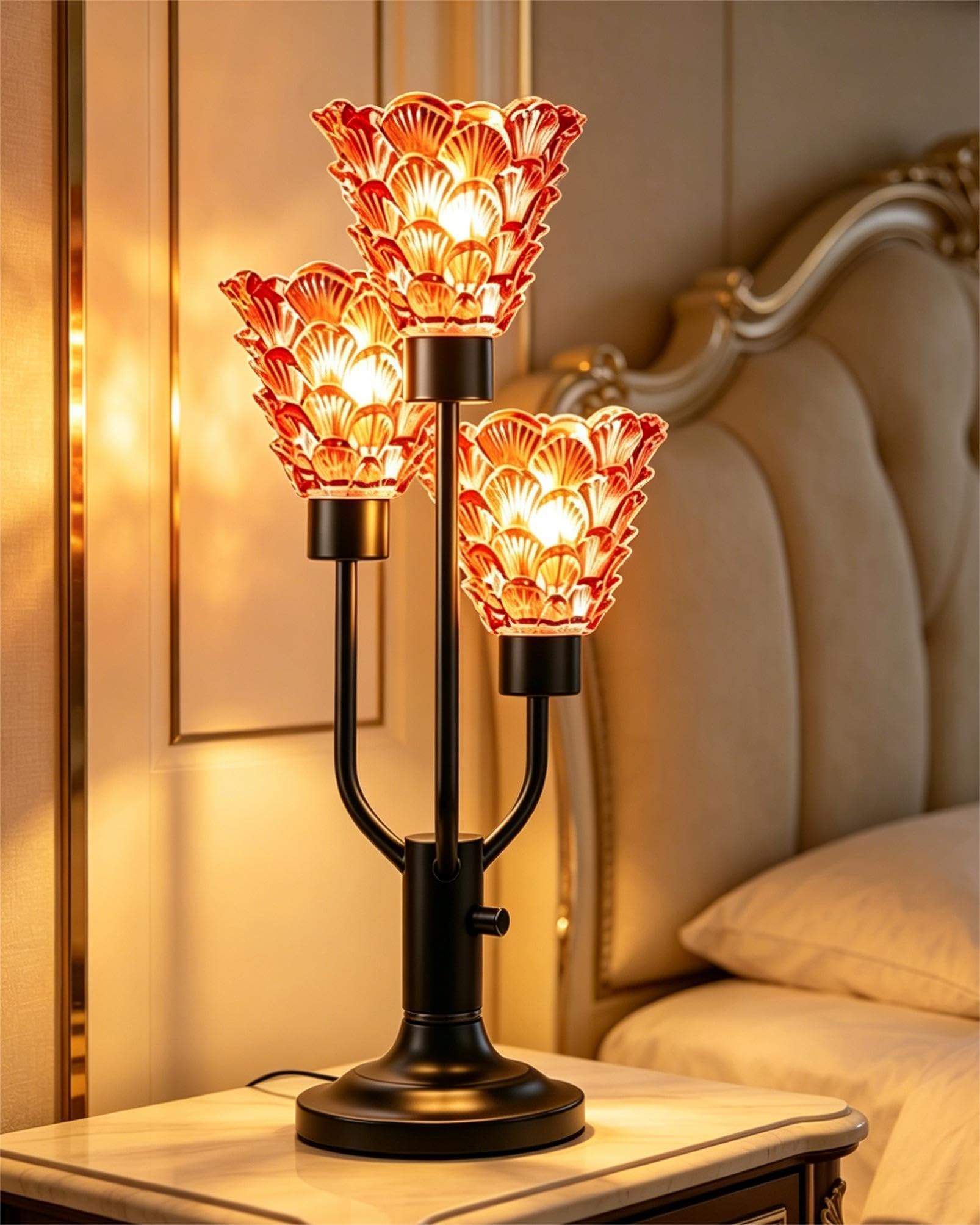 Mid Century Modern Table Lamp for Living Room Dimmable Nightstand Lamp Vintage Black Desk Lamp with Brown Glass 3 Bulbs Included Warmwhite Ambient Bedside Lamps for Bedroom Office Home Decor