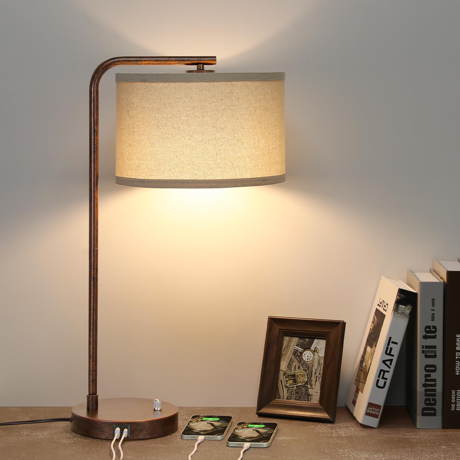 Seaside village Bedside Table Lamp with USB C+A Charging Ports, Fully Dimmable Industrial Tall Nightstand Reading Desk Lamp for Bedroom, Living Room, Office, 9W LED Bulb Included